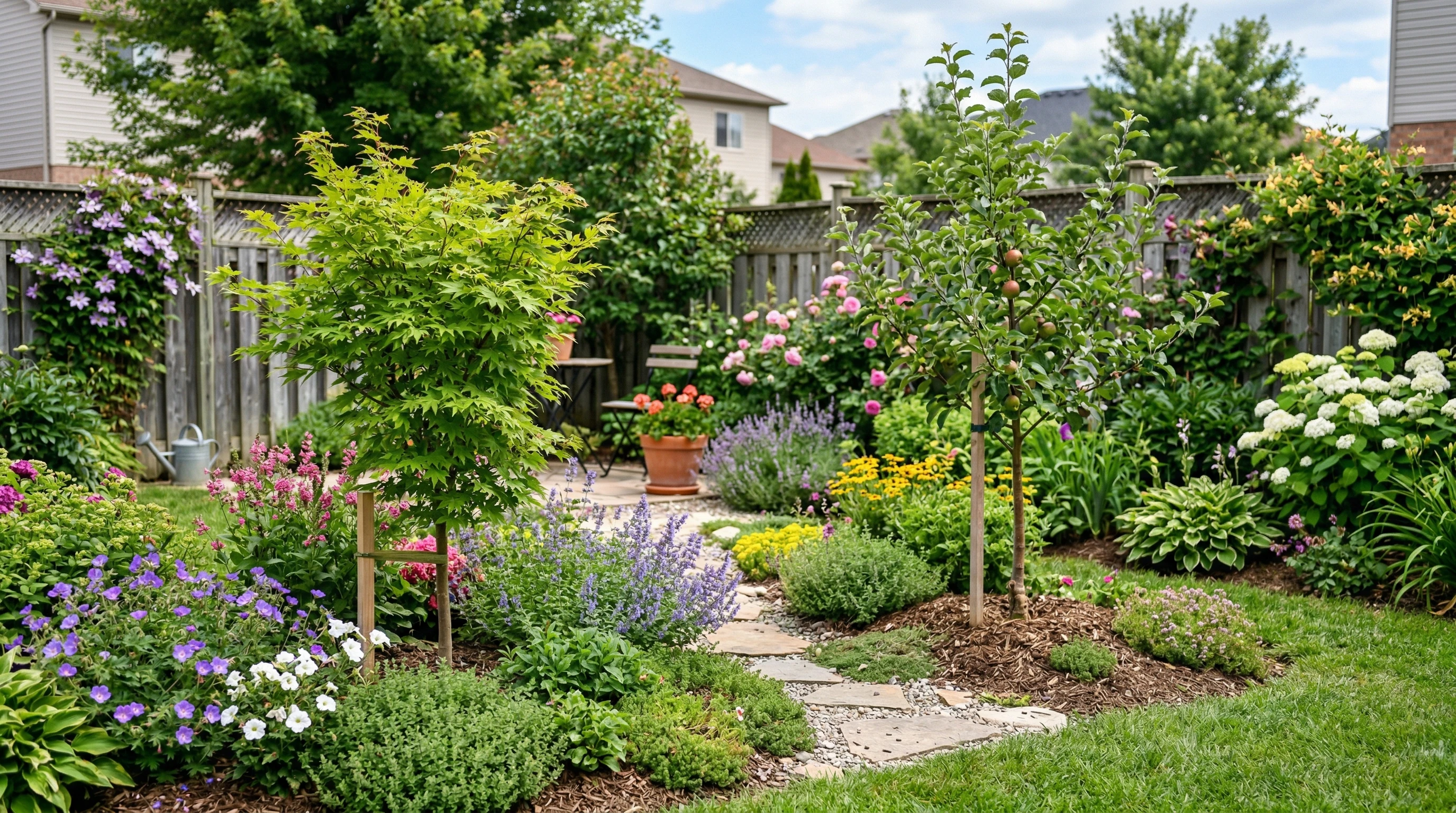 Best Companion Plants For Enhancing Tree Growth A vibrant backyard garden showing healthy young trees surrounded by a mix of flowering plants, ground covers, and shrubs.
