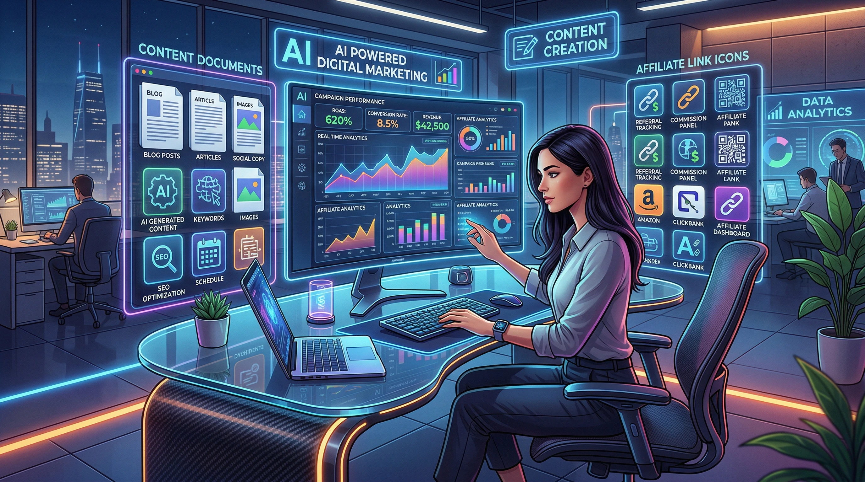 5 AI Tools For Affiliate Marketers 2 Illustration of AI-powered analytics dashboard, affiliate links, and content workflow icons on a desk with digital charts and graphs in the background.