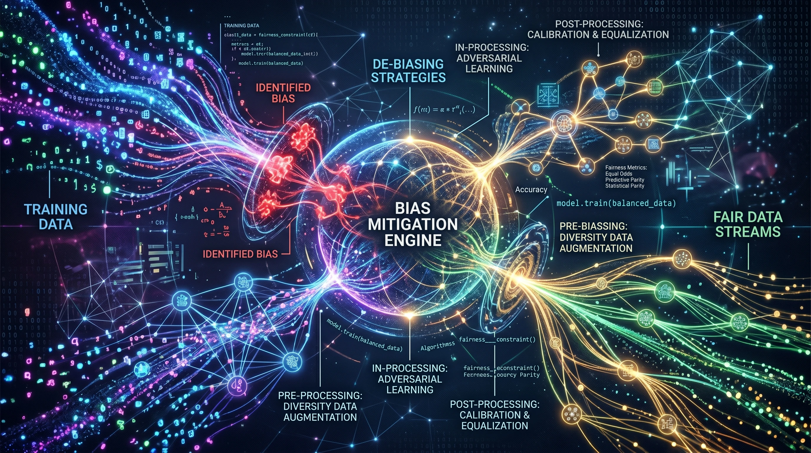 Illustration of an abstract concept showing artificial intelligence, algorithms, and data flow, symbolizing AI bias mitigation strategies.