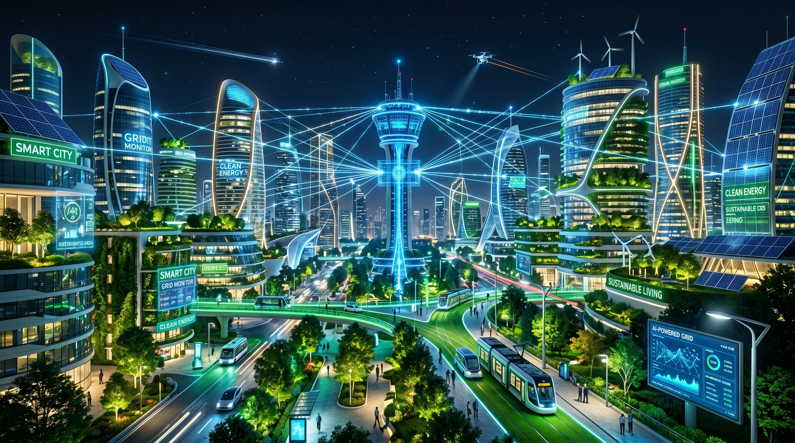 AI enabling smart energy management through automated systems, smart grids, and interconnected devices in a modern city