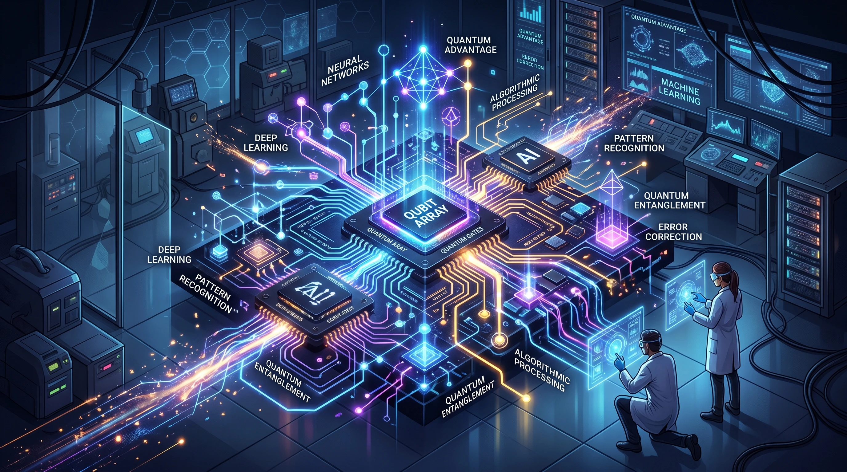 A conceptual illustration of quantum computers and AI algorithms depicted as glowing circuit elements and abstract connections, set within a futuristic laboratory environment