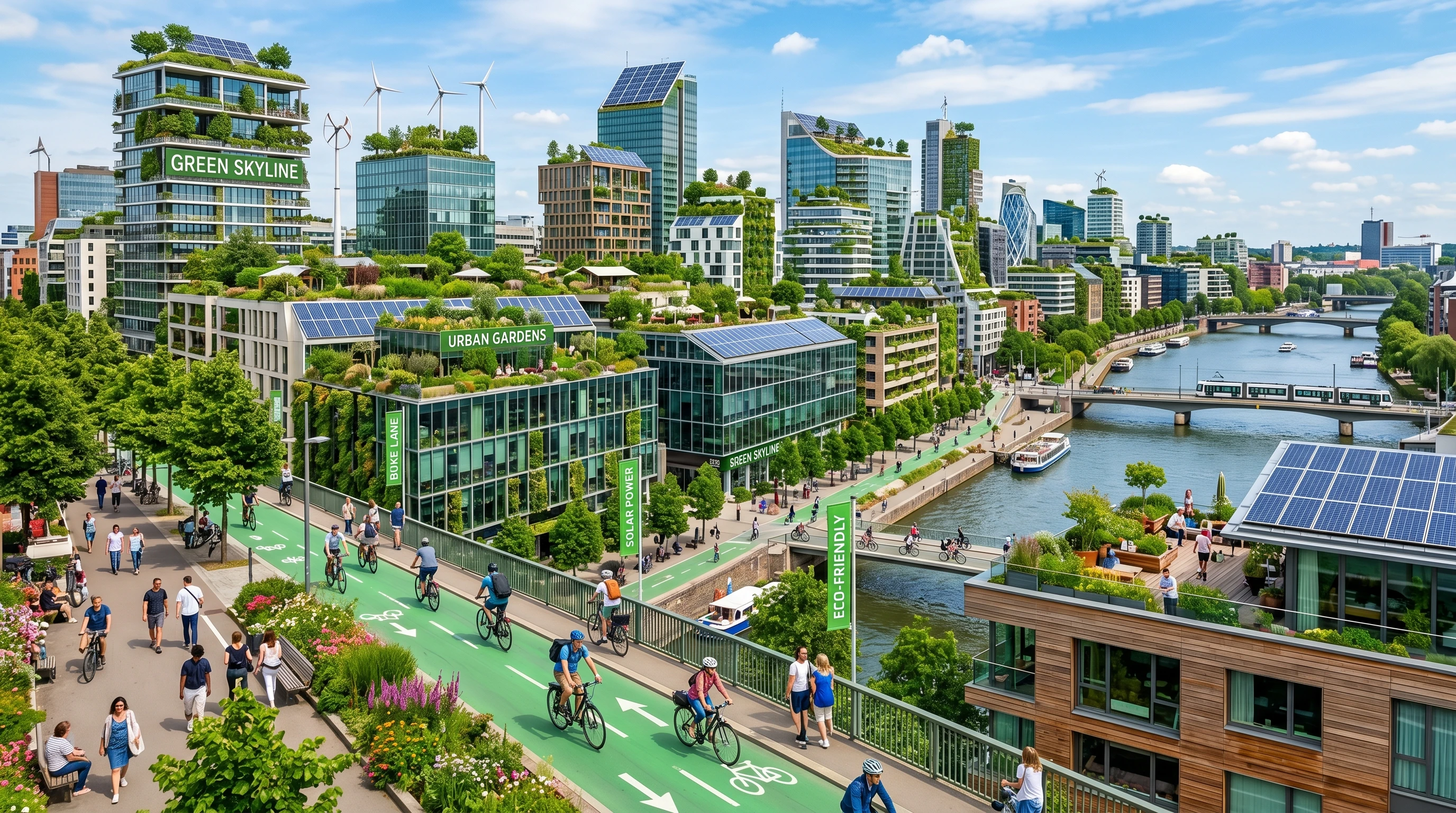 Urban skyline with green roofs, solar panels, bike lanes, and urban gardens