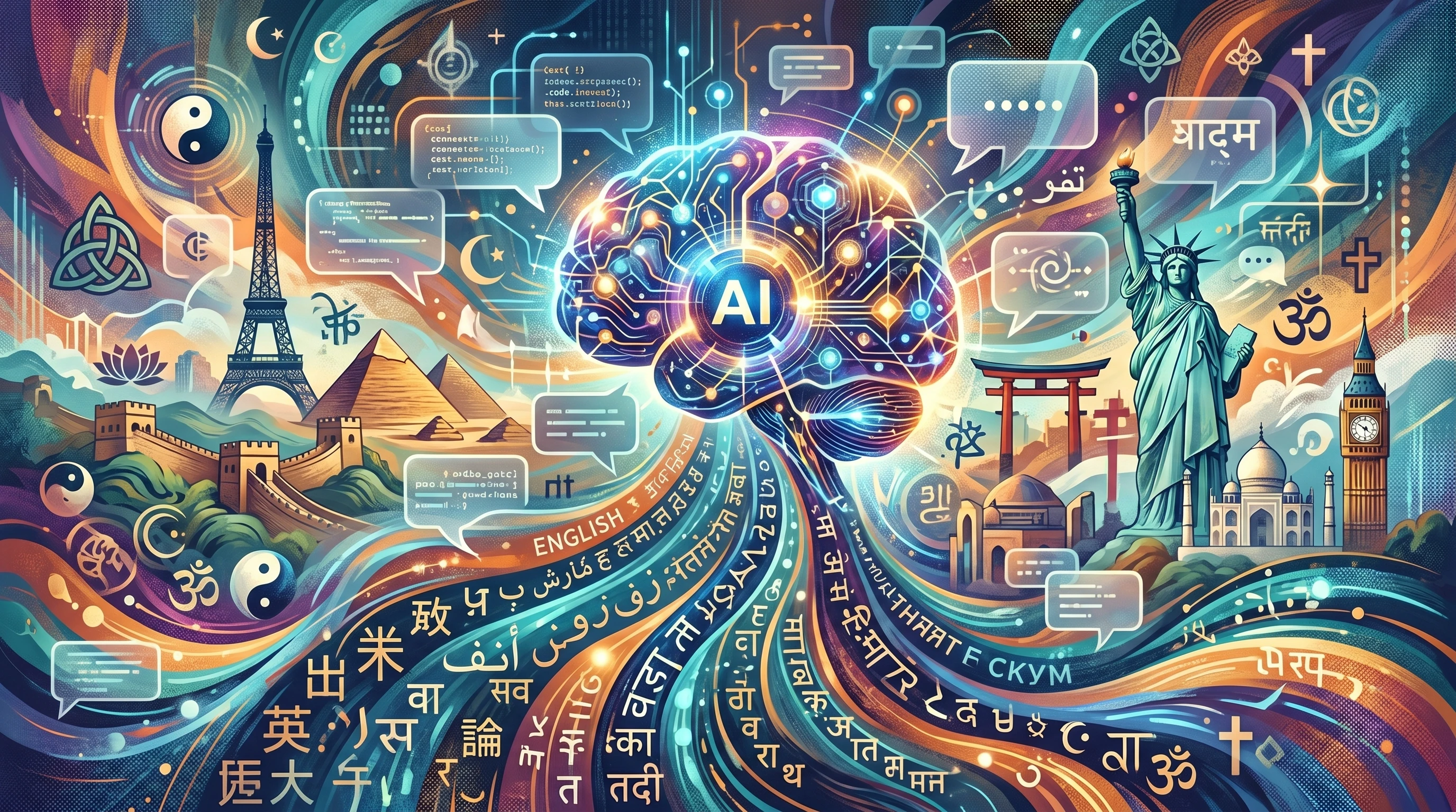 Abstract digital illustration representing AI adapting to various symbols and languages, overlapping subtle virtual chat bubbles and cultural icons.