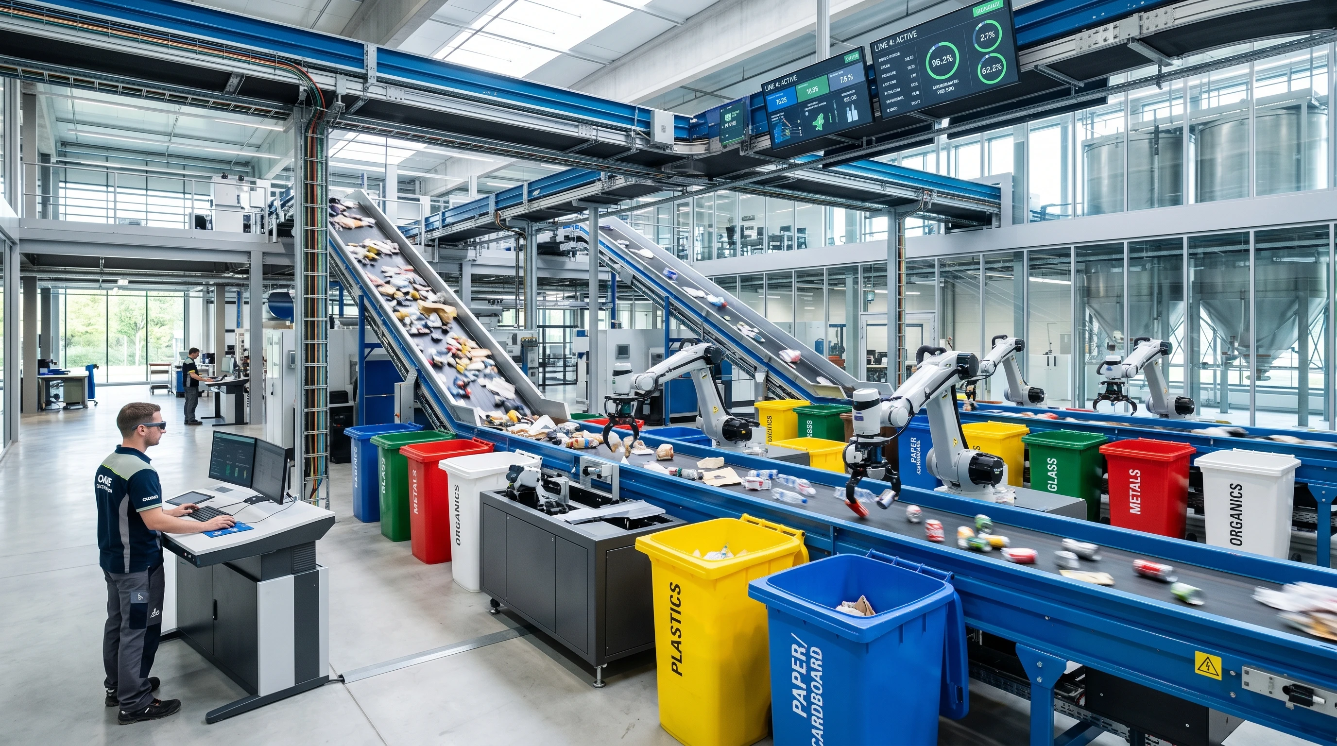 A futuristic waste sorting and recycling facility with smart robots, conveyor belts, and colorful bins separating different types of waste in a clean, modern environment.