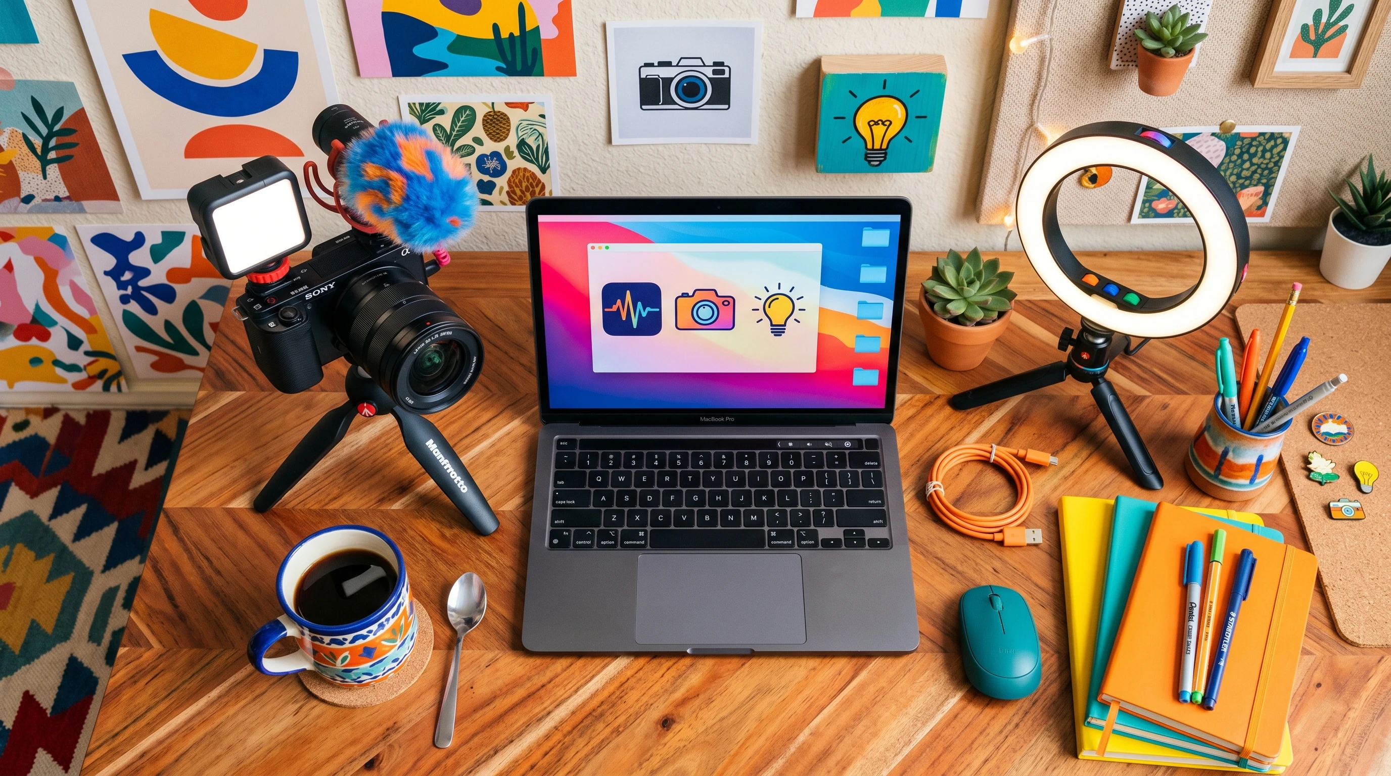 Camera gear, laptop, headphones, and creative workspace for vlogging