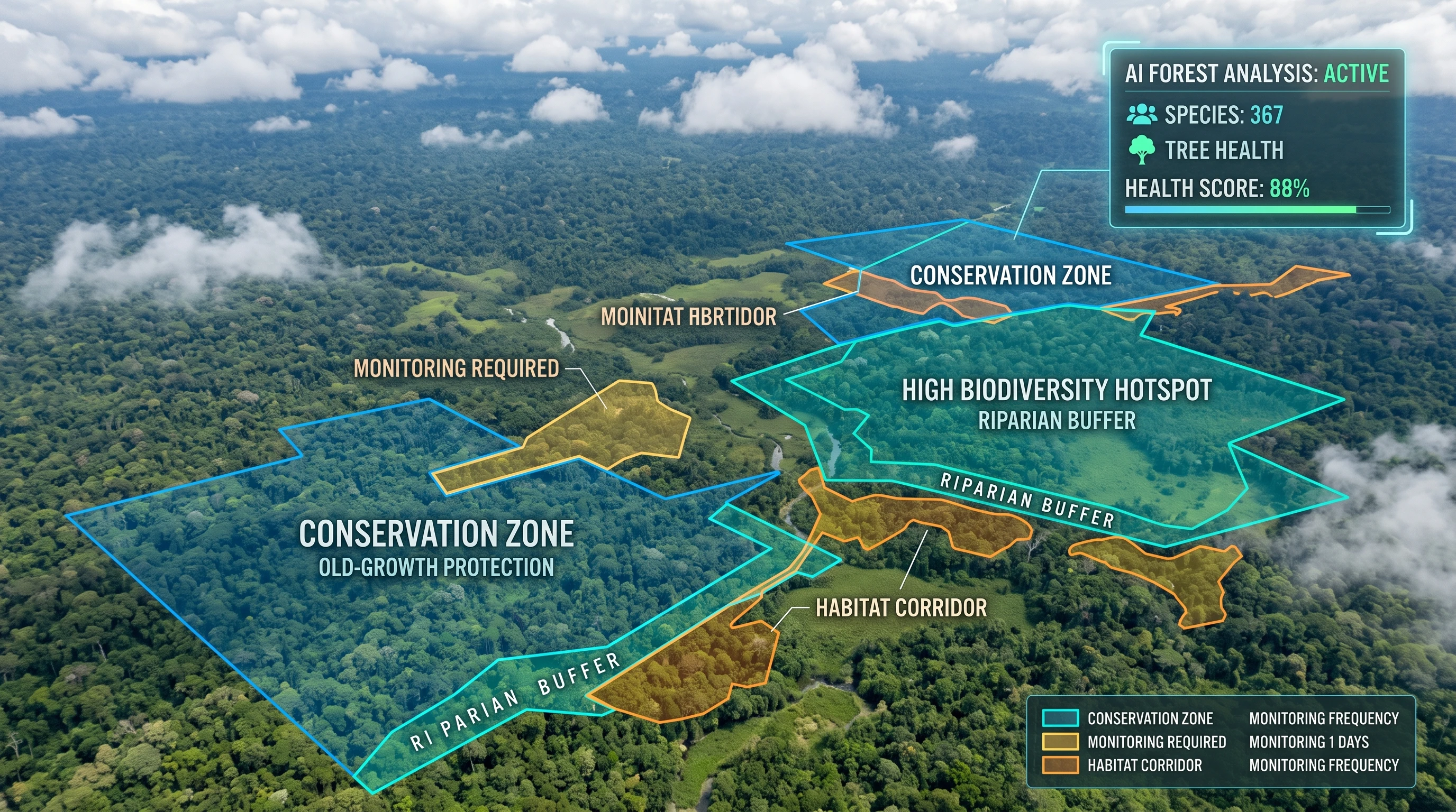 Ai Solutions For Tree Conservation Aerial view of thick forest canopy taken by a drone, with visible areas mapped by AI for conservation.