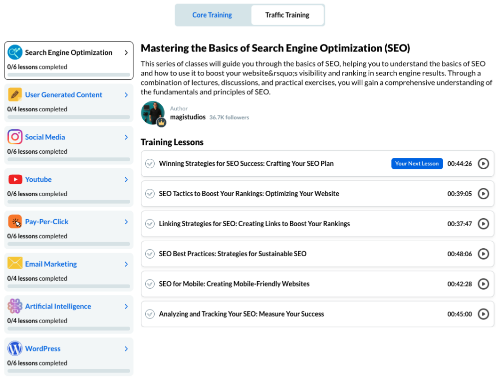 A screenshot of the Wealthy Affiliate Traffic Training