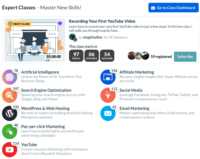 A screenshot of the Wealthy Affiliate Expert Classes