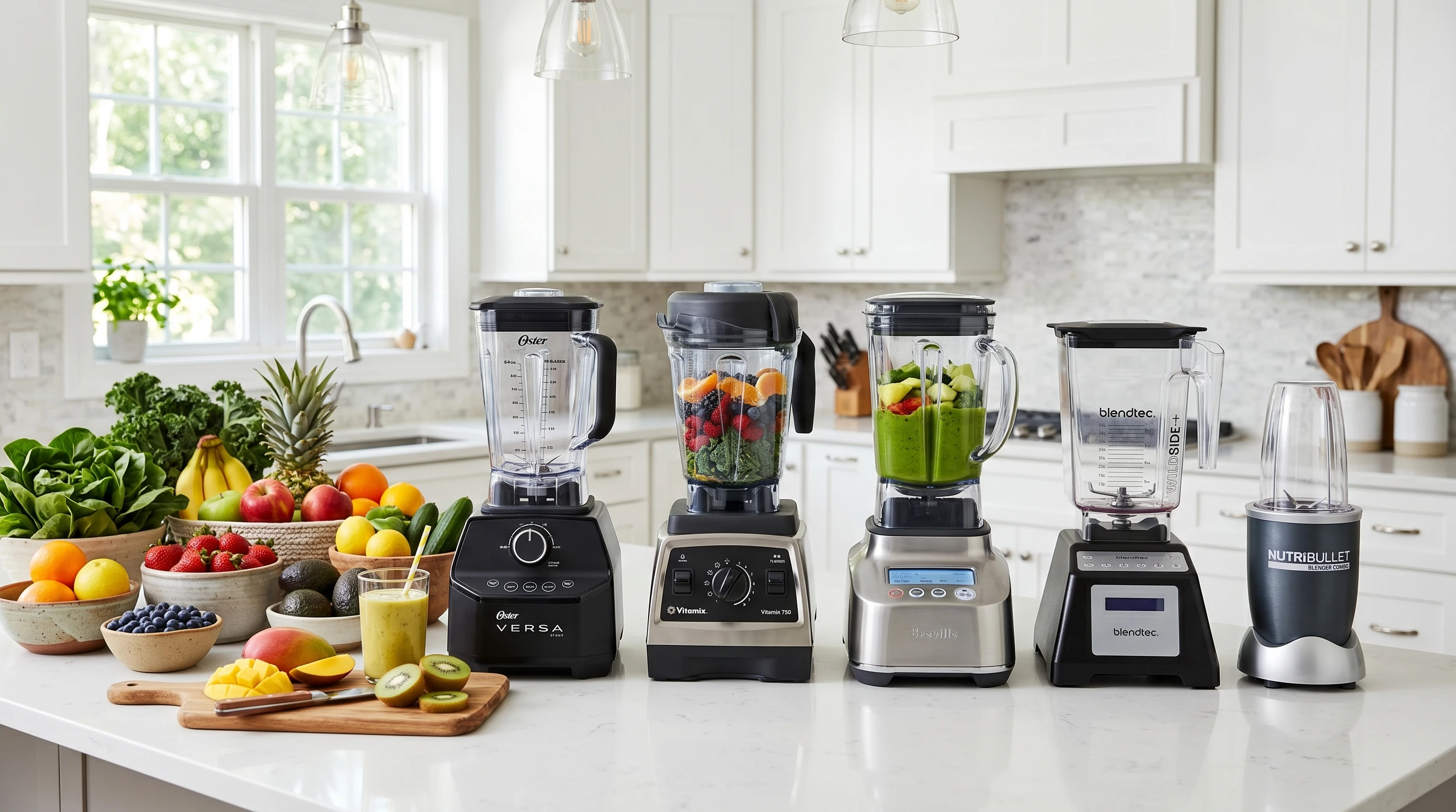 High-performance blenders lined up on a kitchen counter