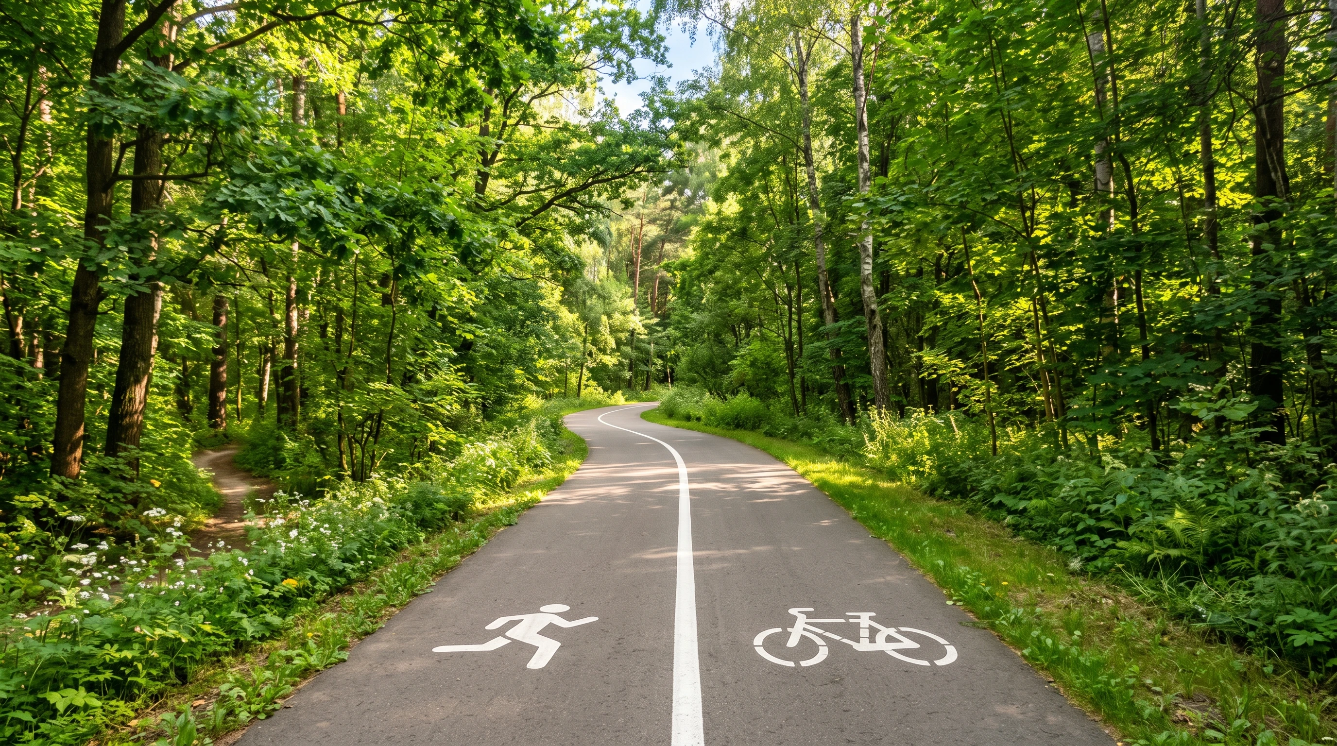 Outdoor path split between runners and cyclists. Green trees on both sides and sunlight filtering through.