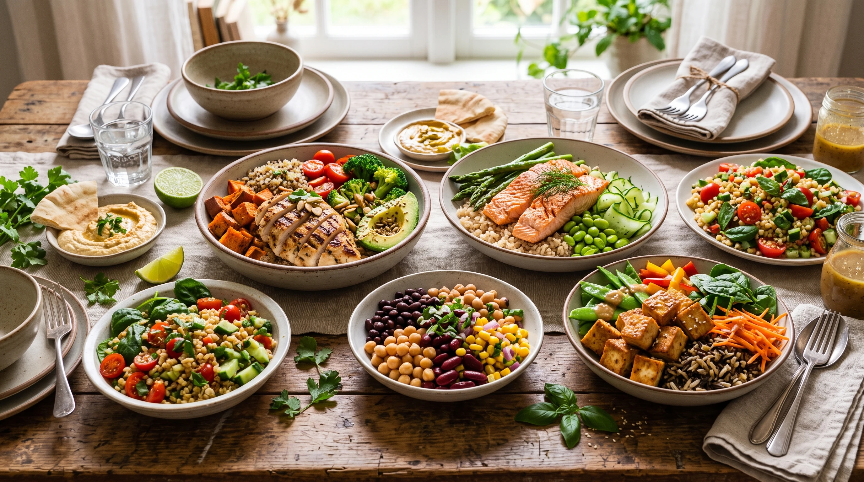 Colorful, protein-rich GLP-1 meals on a table with bowls of grains, grilled chicken, yogurt, and vegetables.
