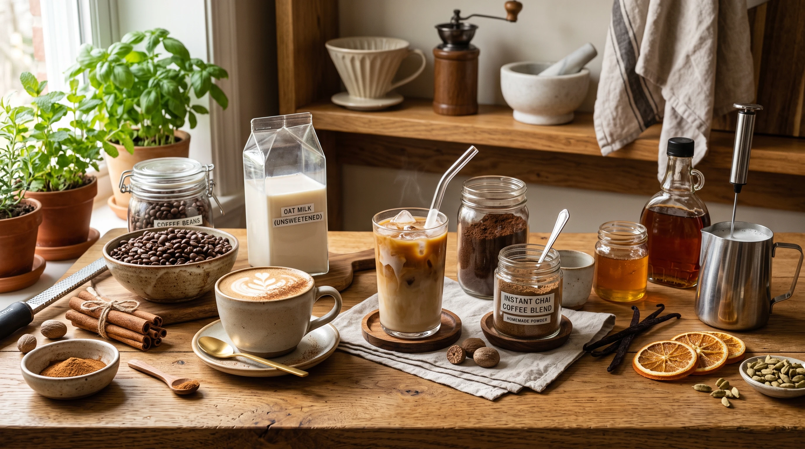Healthy homemade coffee drinks arranged on a rustic kitchen counter, with mugs of hot coffee, tall iced coffee glasses, and ecofriendly pitchers of almond milk and cold brew beside small bowls of cocoa powder, cinnamon sticks, and coffee beans.