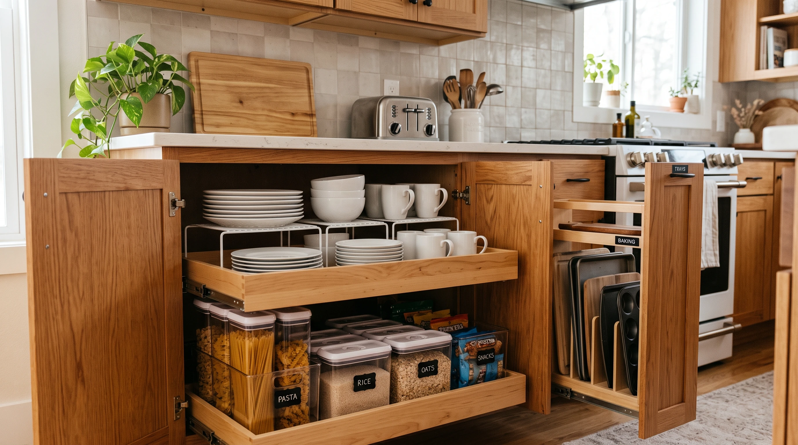 Neatly organized small kitchen cabinets with baskets, pull-out shelves, and pantry items