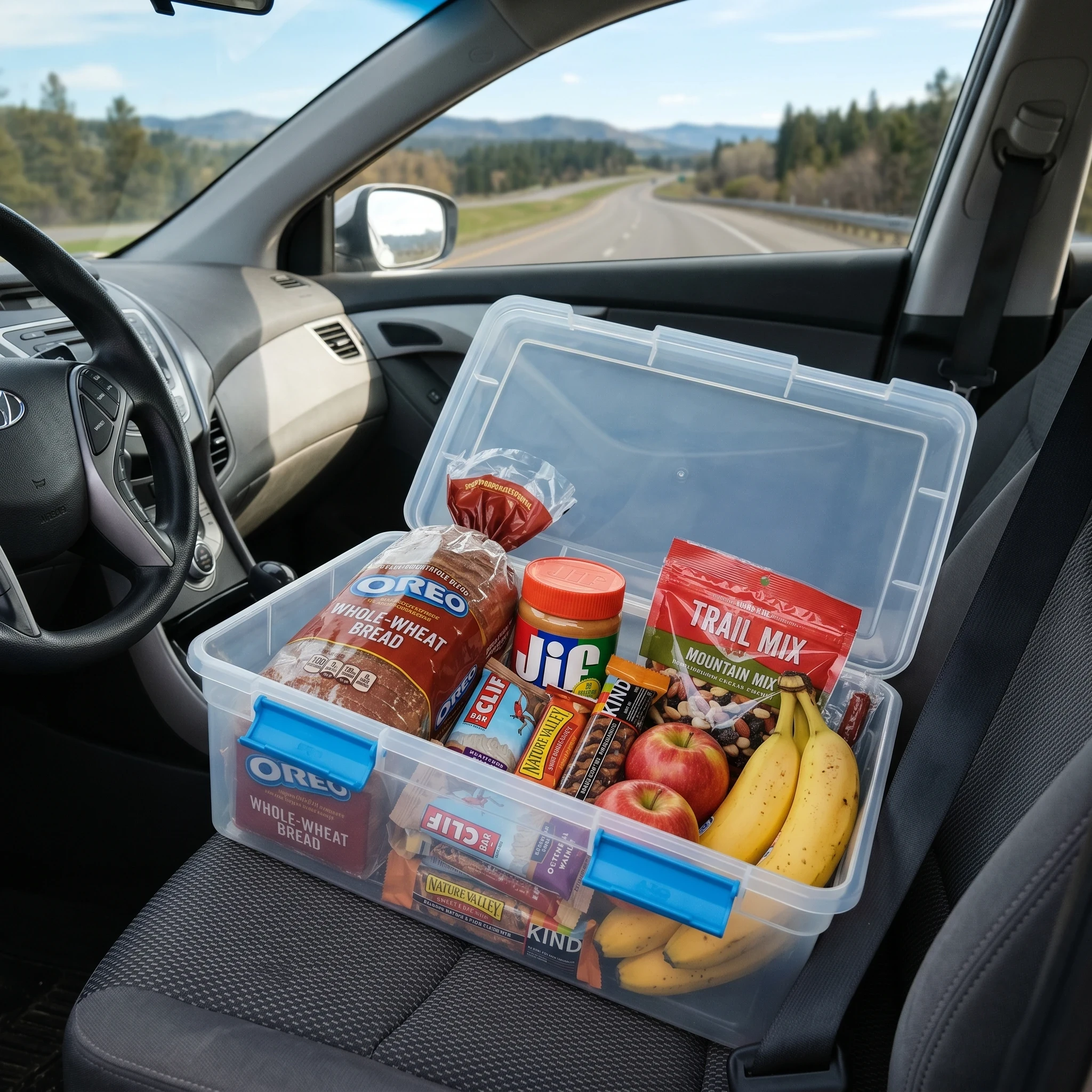 Frugal road trip snack box with peanut butter and granola bars