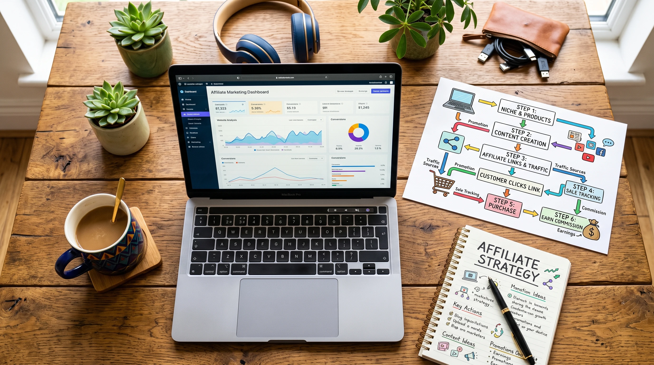 A colorful flat lay of a laptop, affiliate marketing flowchart, coffee mug, and notebook on a wooden desk