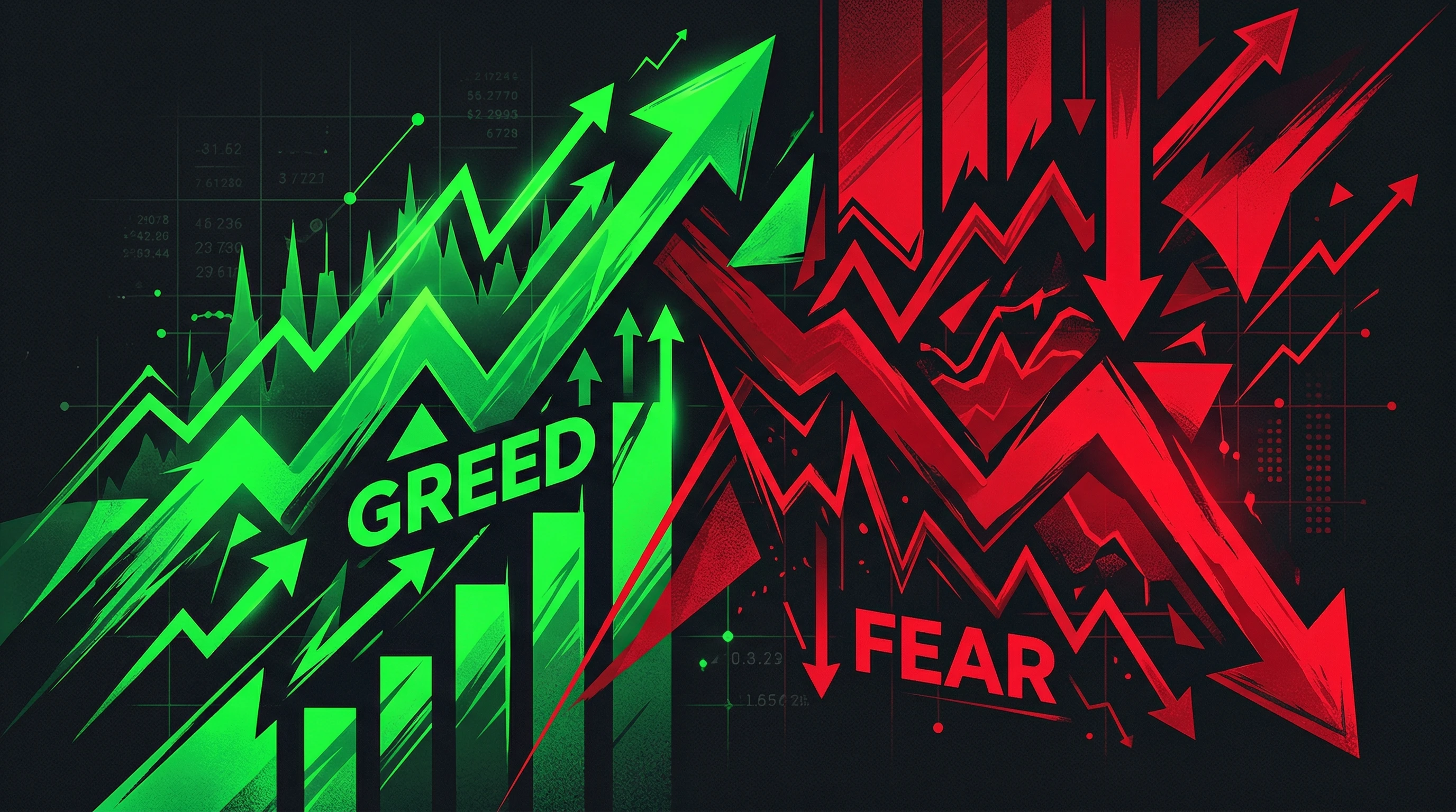 A simple, abstract visualization of financial charts and market trends, with bold green and red colors representing greed and fear in trading.