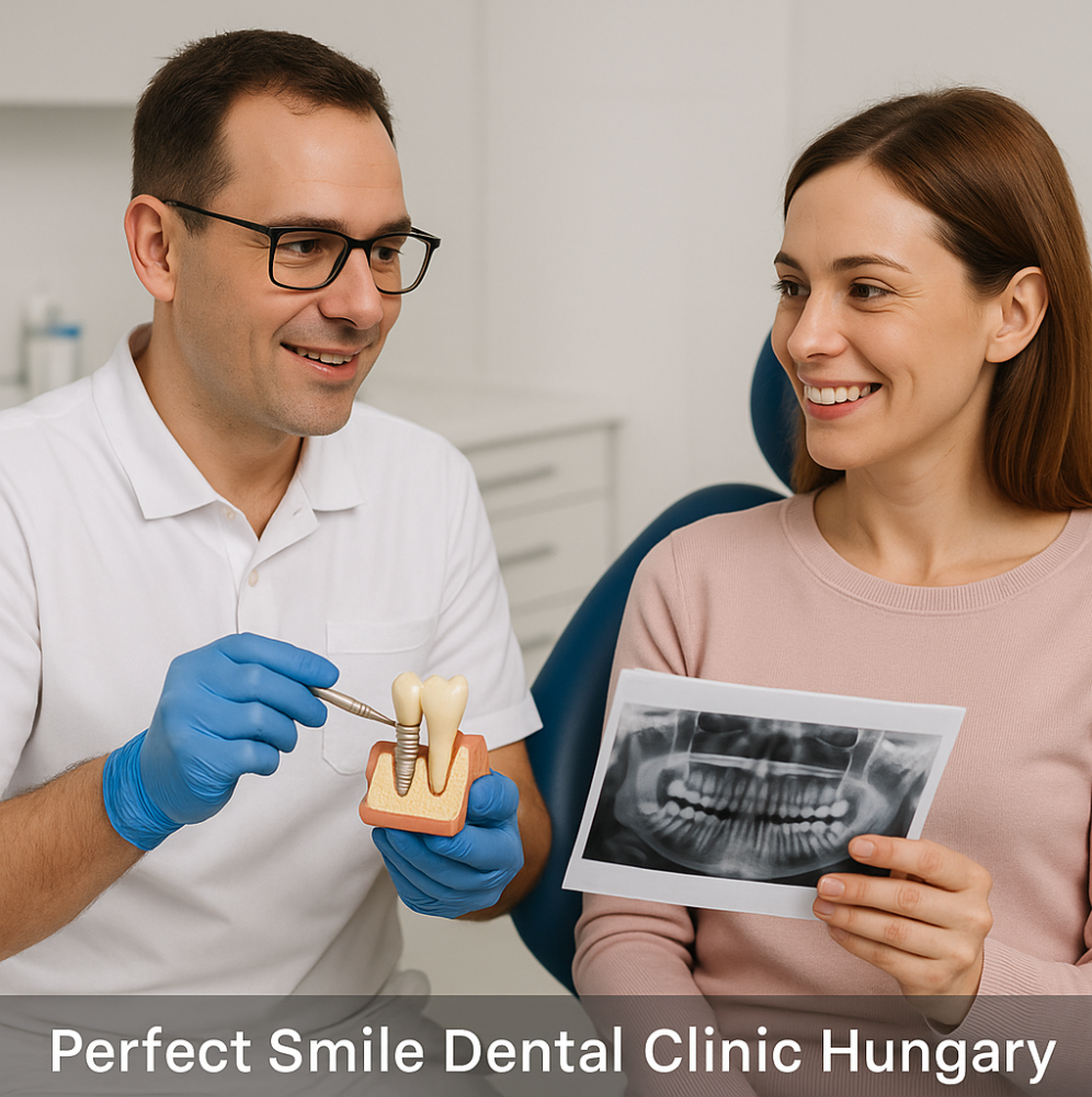 Perfect Smile dental clinic Hungary dentist showing dental implants to a patient image 