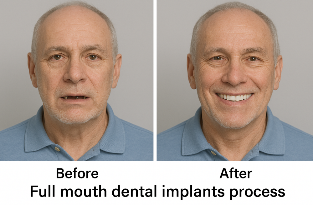 Before and after image of a patient following full mouth dental implants treatment image
