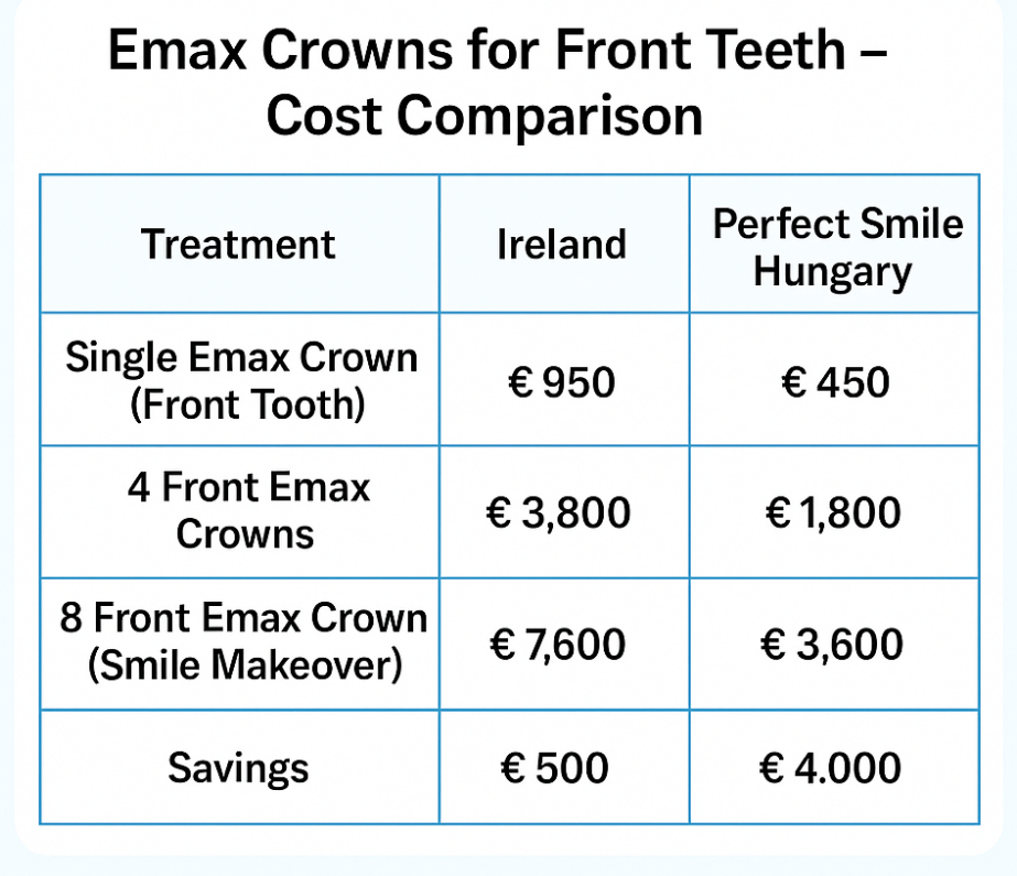 Emax crowns for front teeth cost comparison Ireland vs Hungary image
