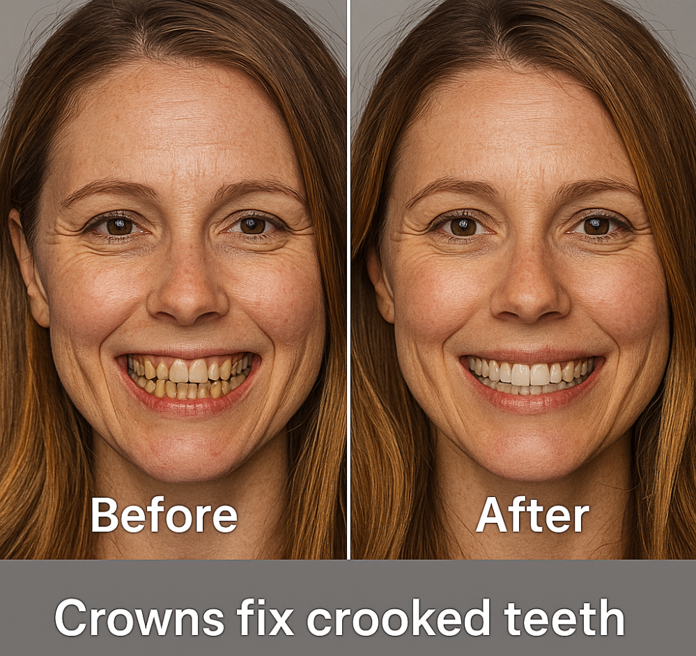 Crowns fix crooked teeth female image