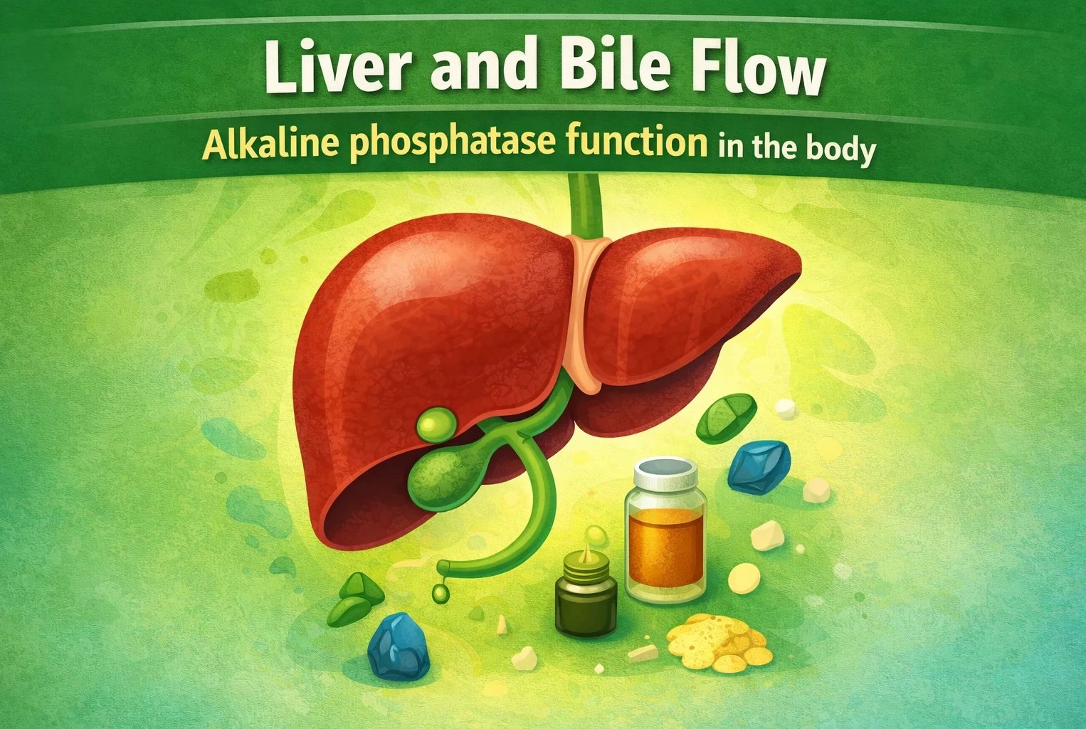 Liver and bile flow alkaline phosphatase function in the body image