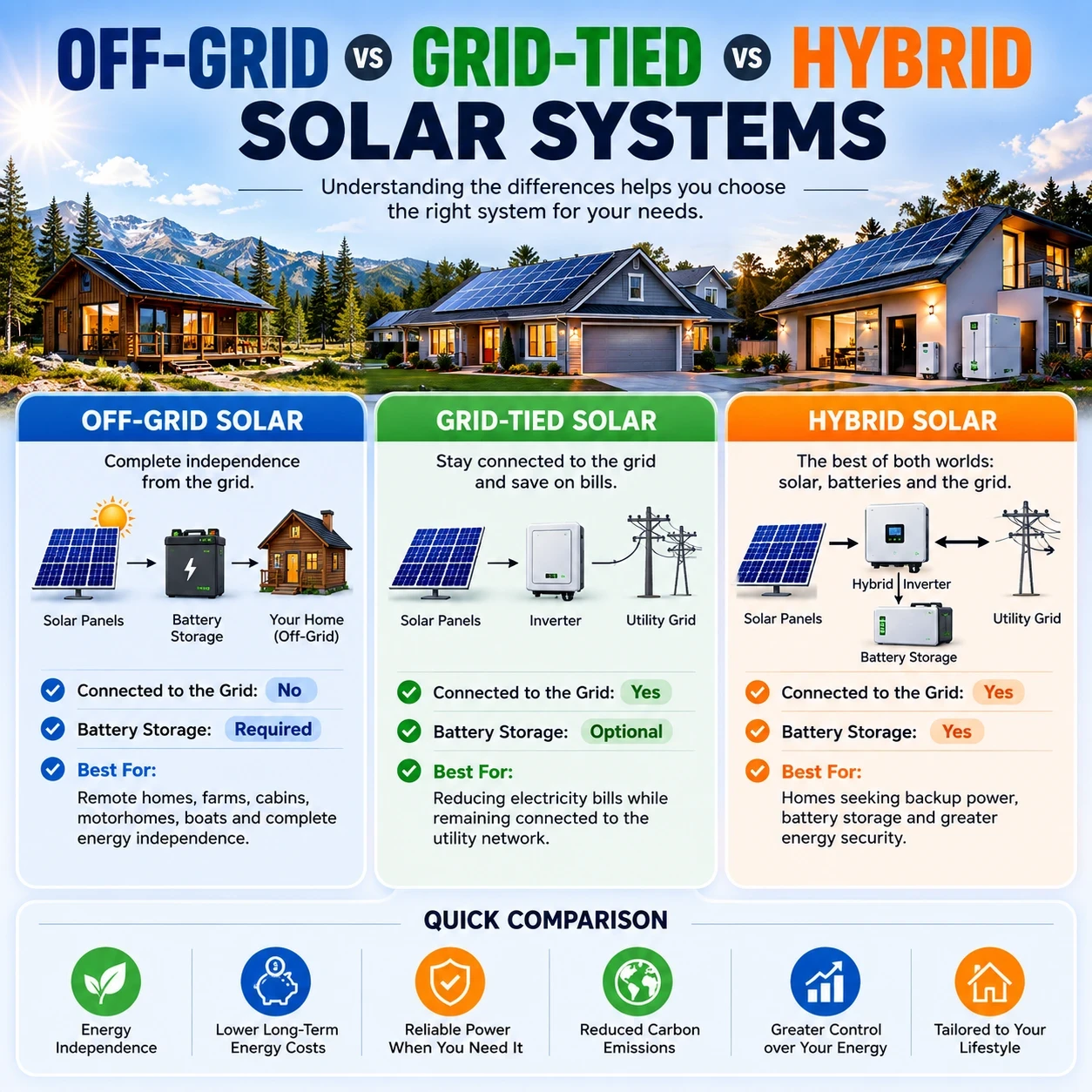 Off-grid vs Grid tied vs Hybrid solar image