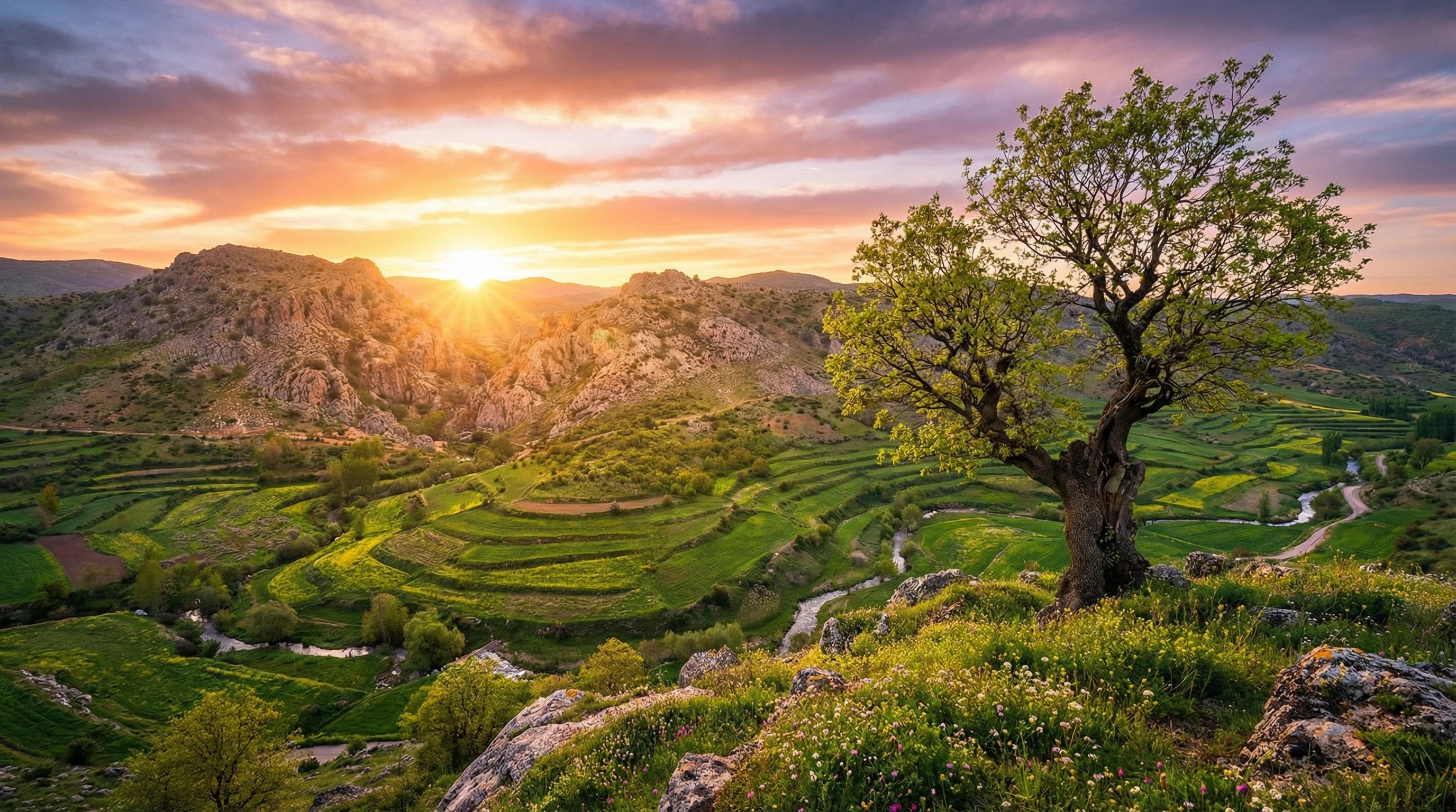 Vibrant sunrise over ancient rolling hills, symbolizing hope and legacy