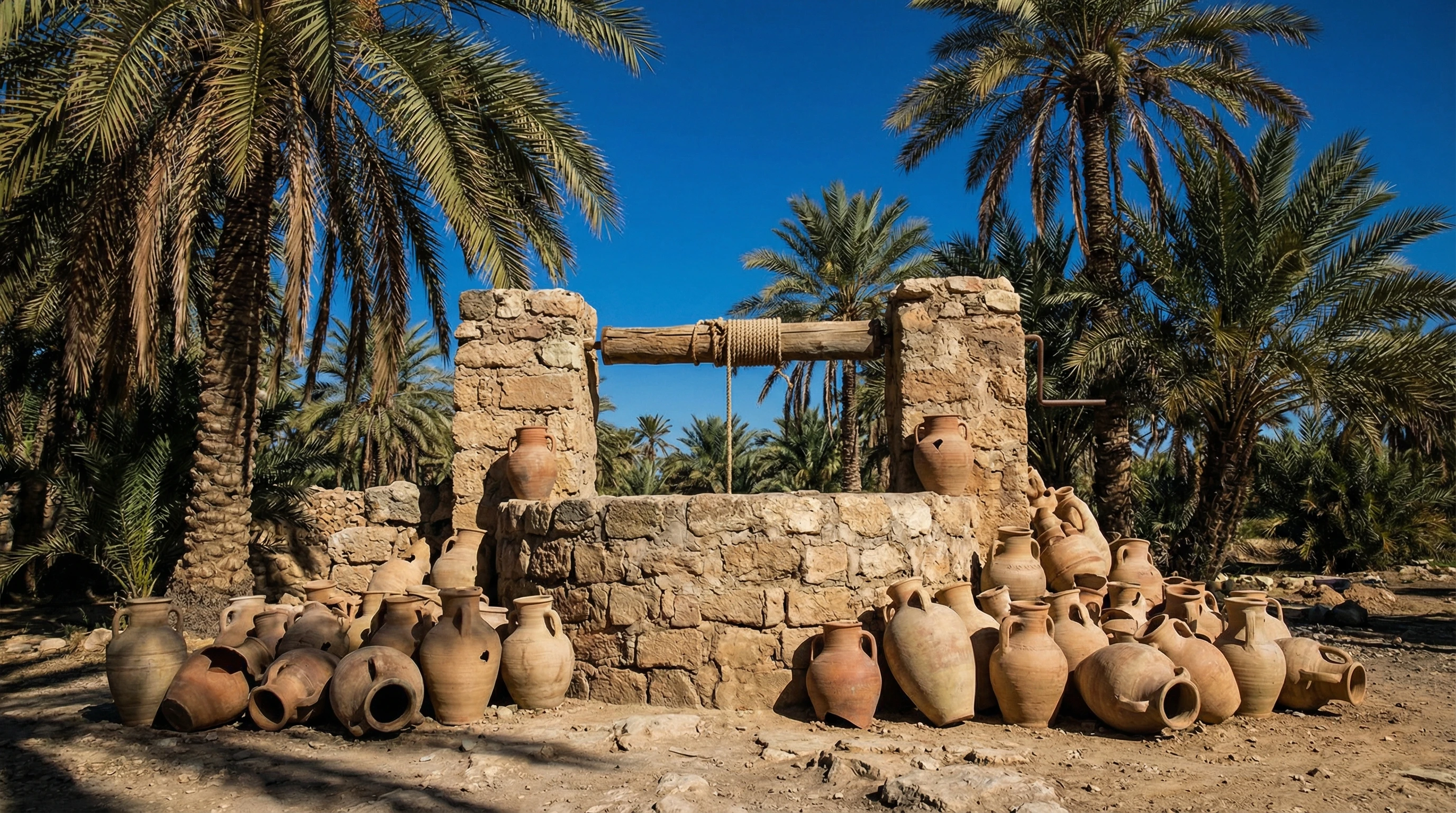 Ancient well with clay jars and palm trees, symbolizing the meeting at the well