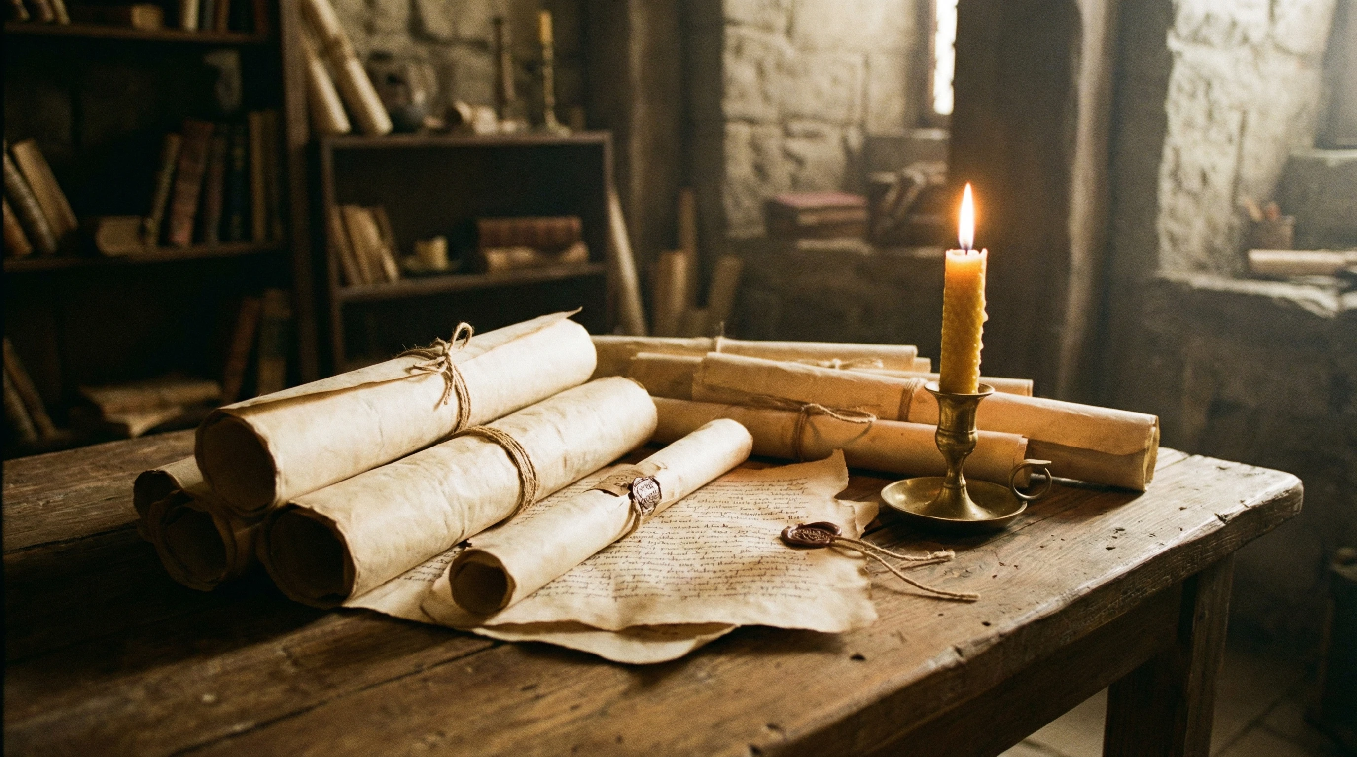 Old scrolls with ancient script and candlelight