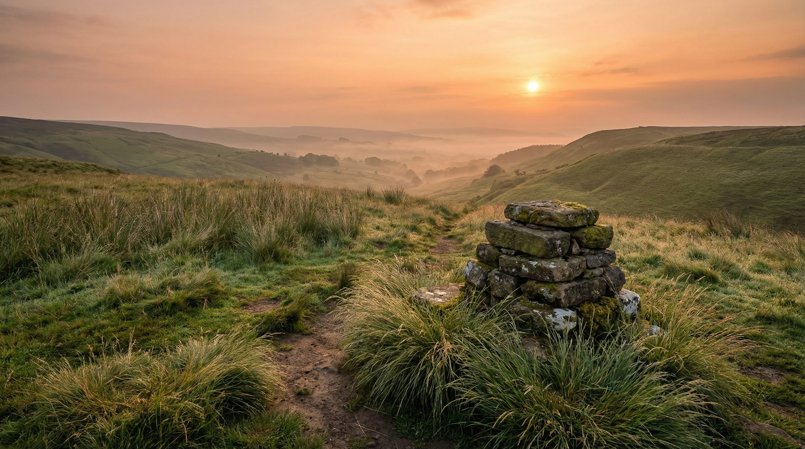Peaceful sunrise over hills and simple stone altar