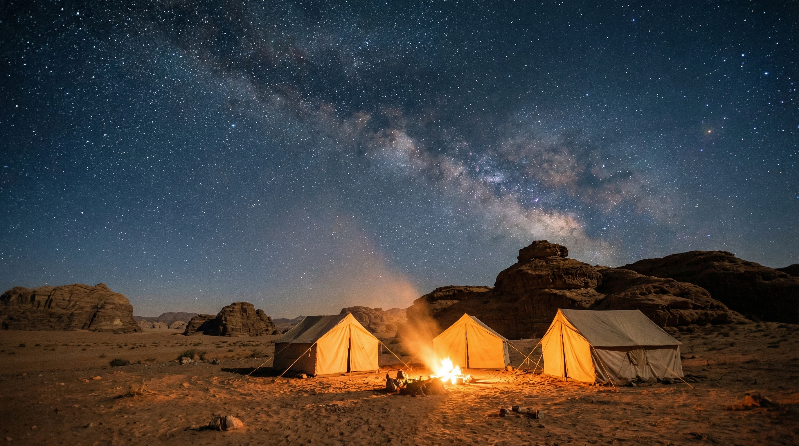 Stars over a quiet desert with three tents and a glowing fire