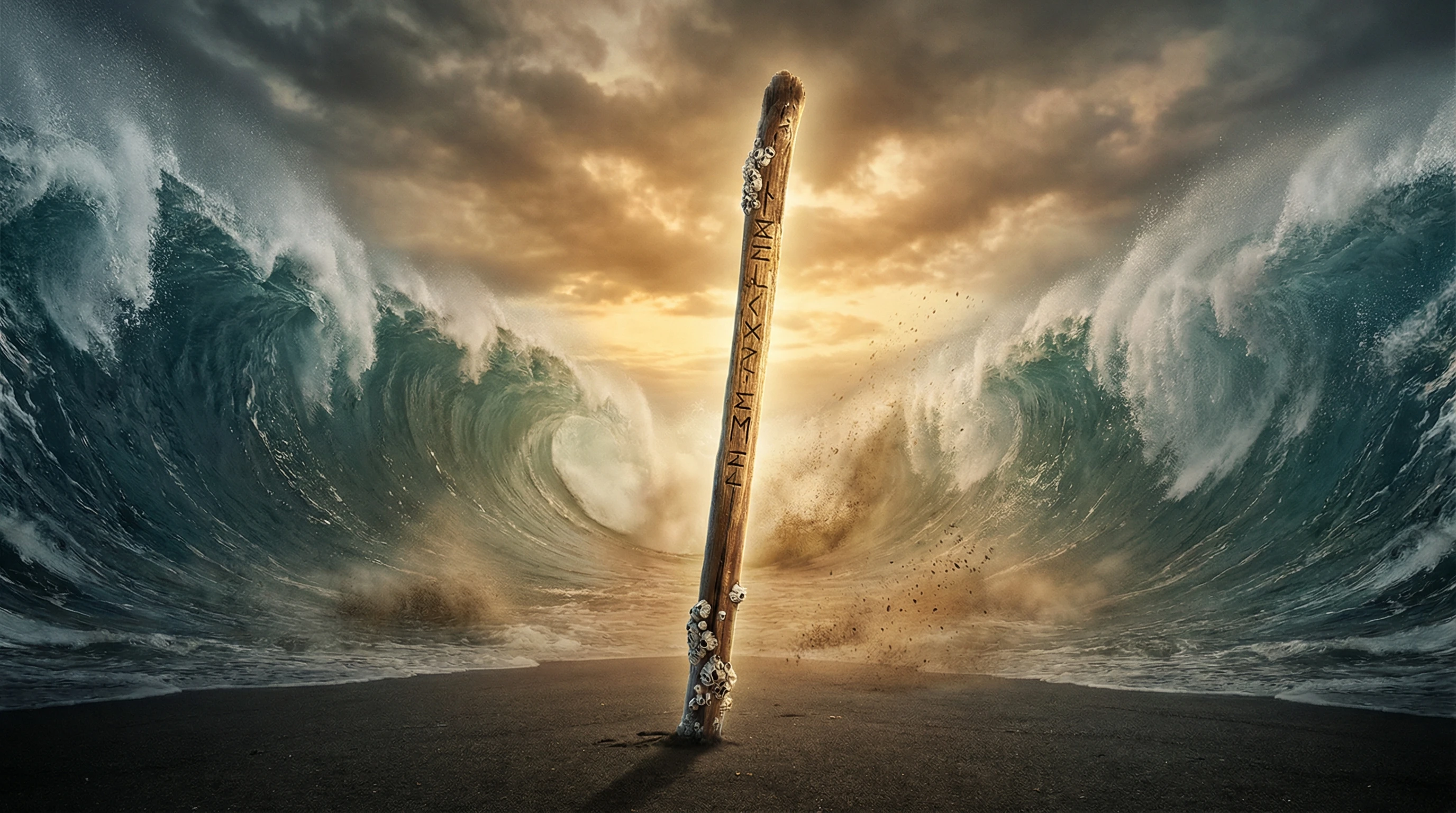 Night scene of Moses raising his staff beside parted water