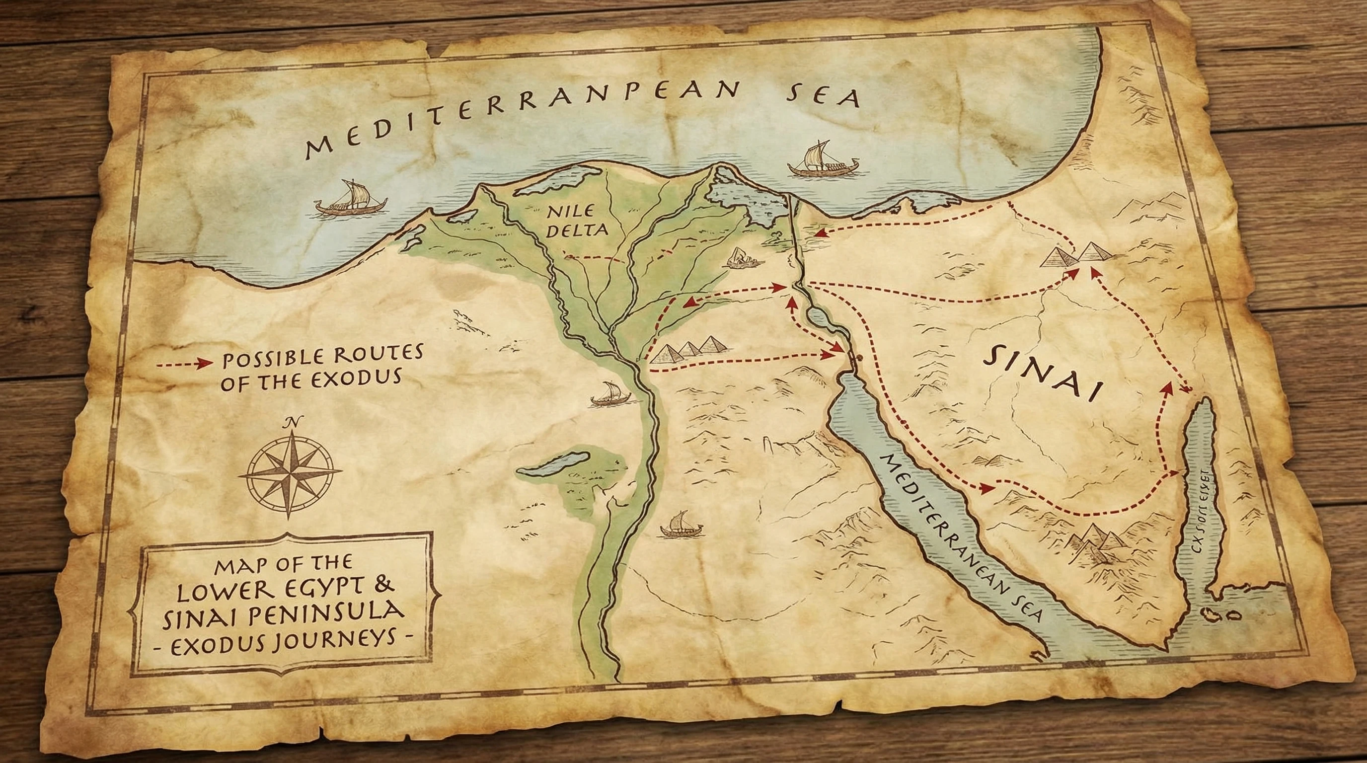 Ancient map-style illustration with sea, land, and wilderness