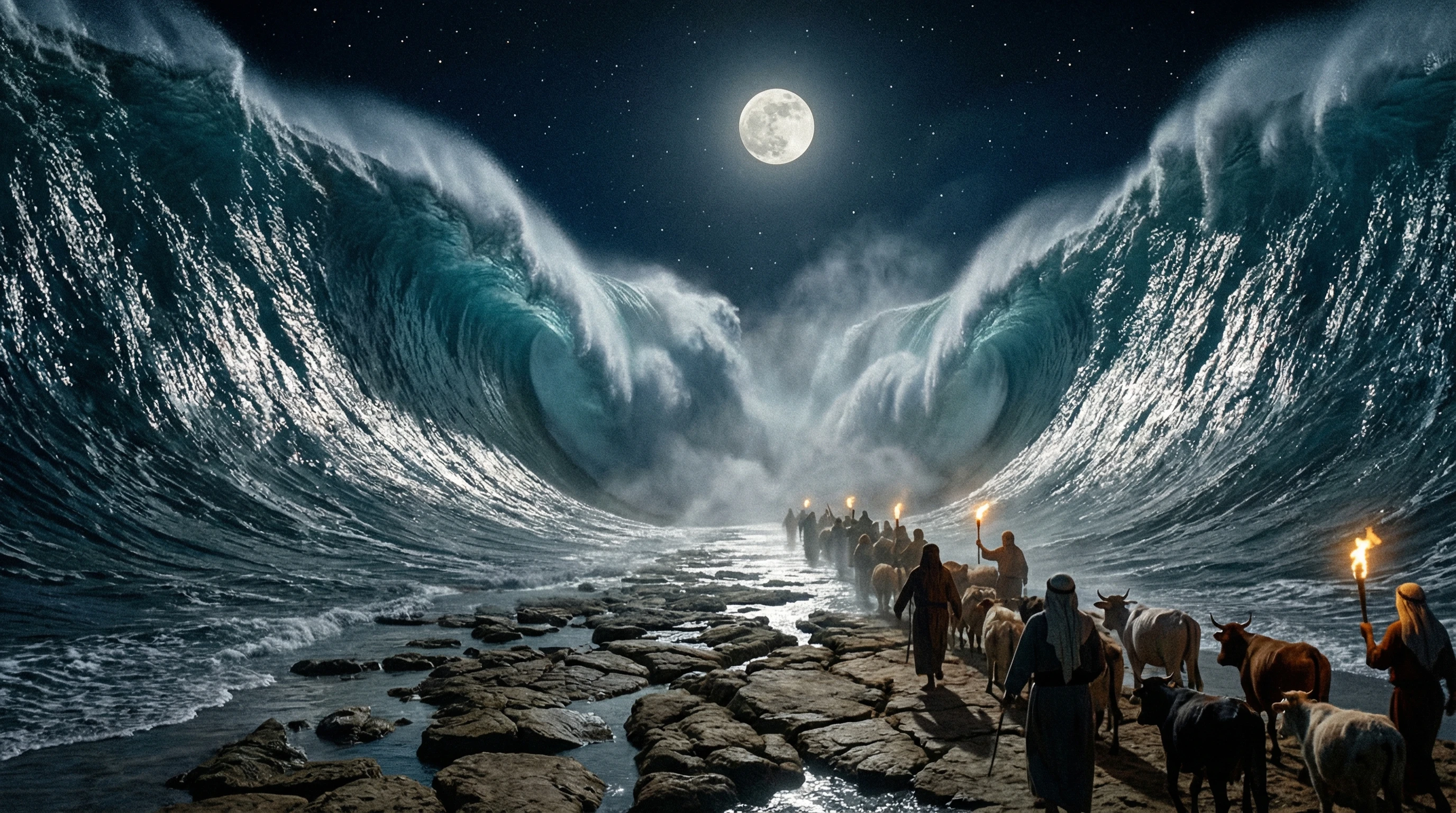 Israelites crossing the parted Red Sea
