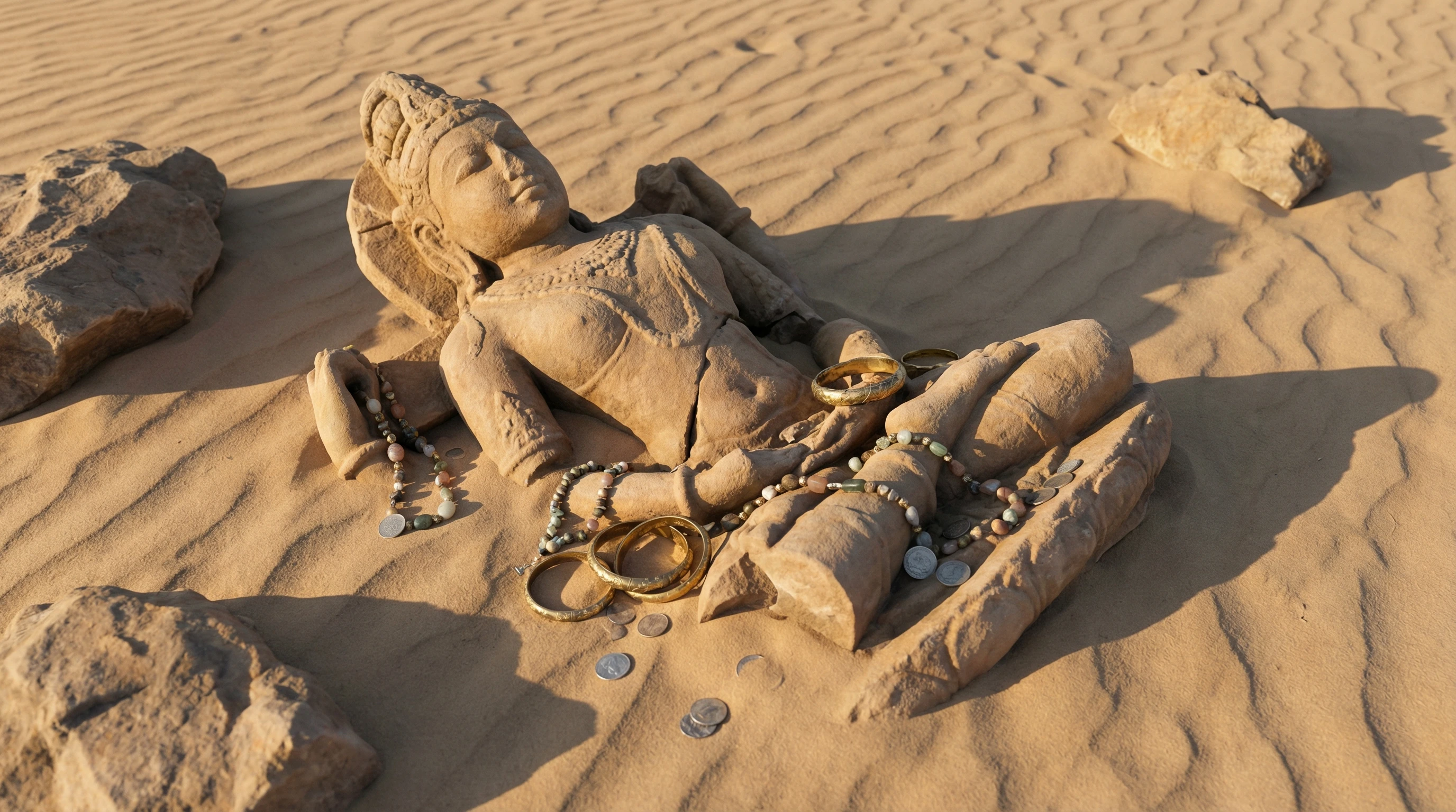 Desert camp with figures and idol