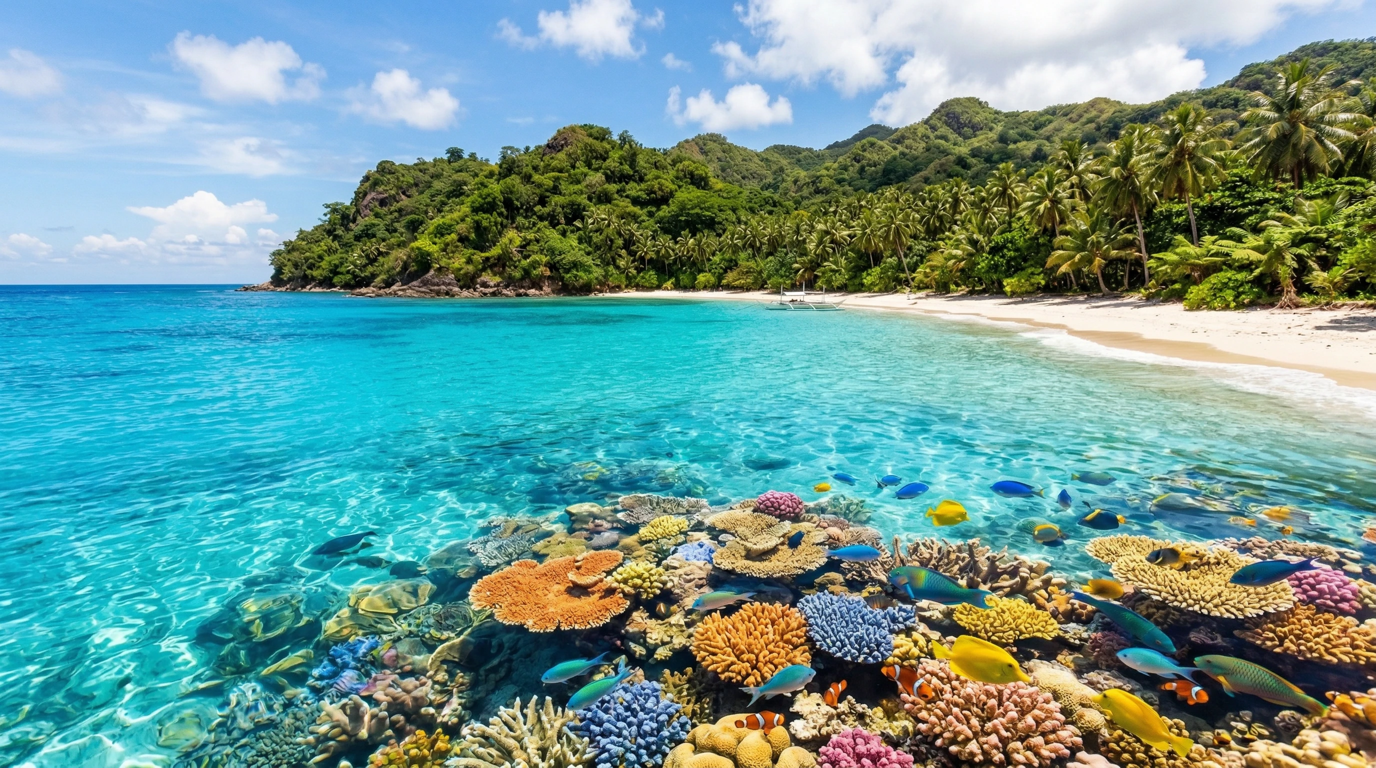 Pristine coral reef viewed from above, with crystal clear water and small tropical island vegetation nearby