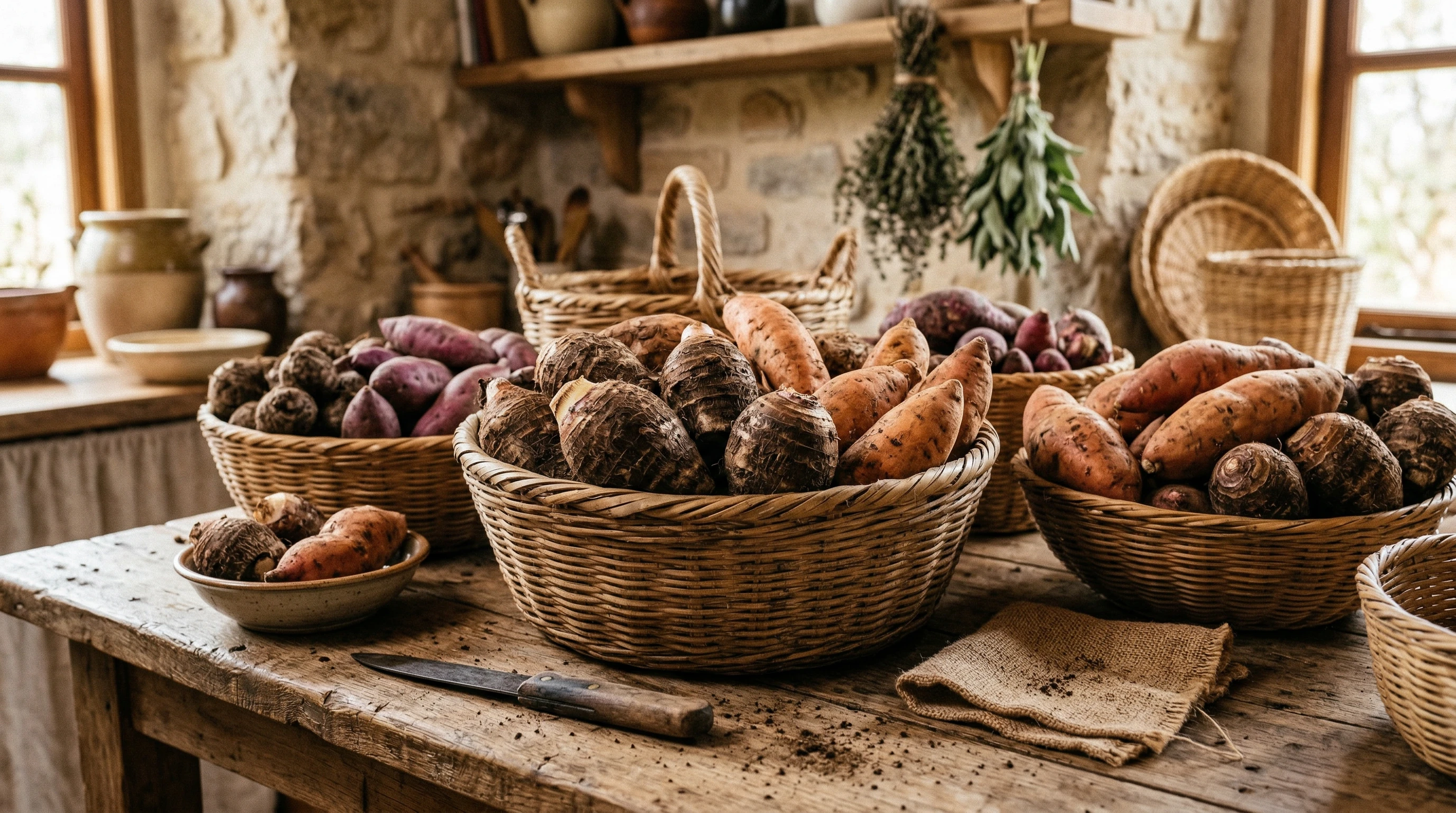 Spices and herbs on woven mat