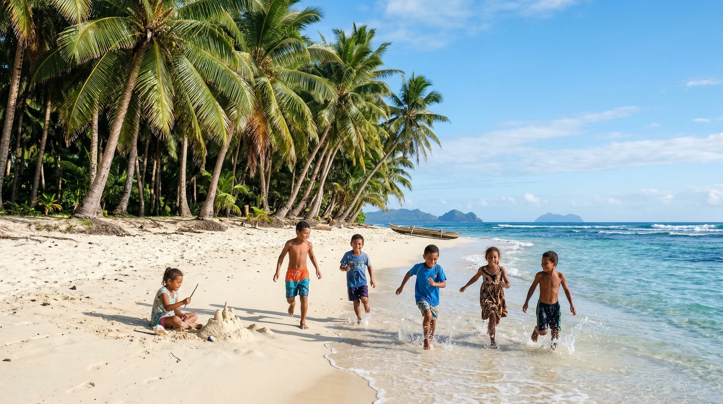 Island children playing by palm trees near the shore