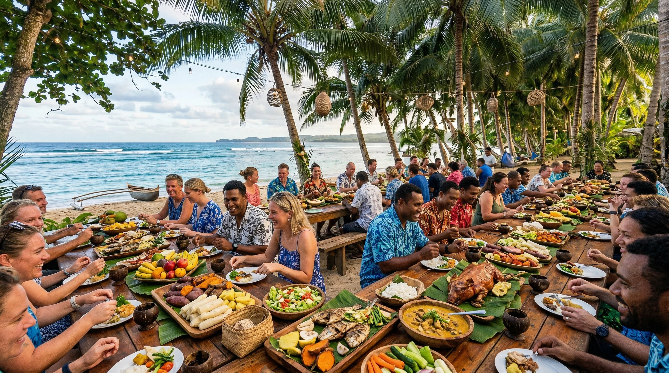 Outdoor island gathering with food spread