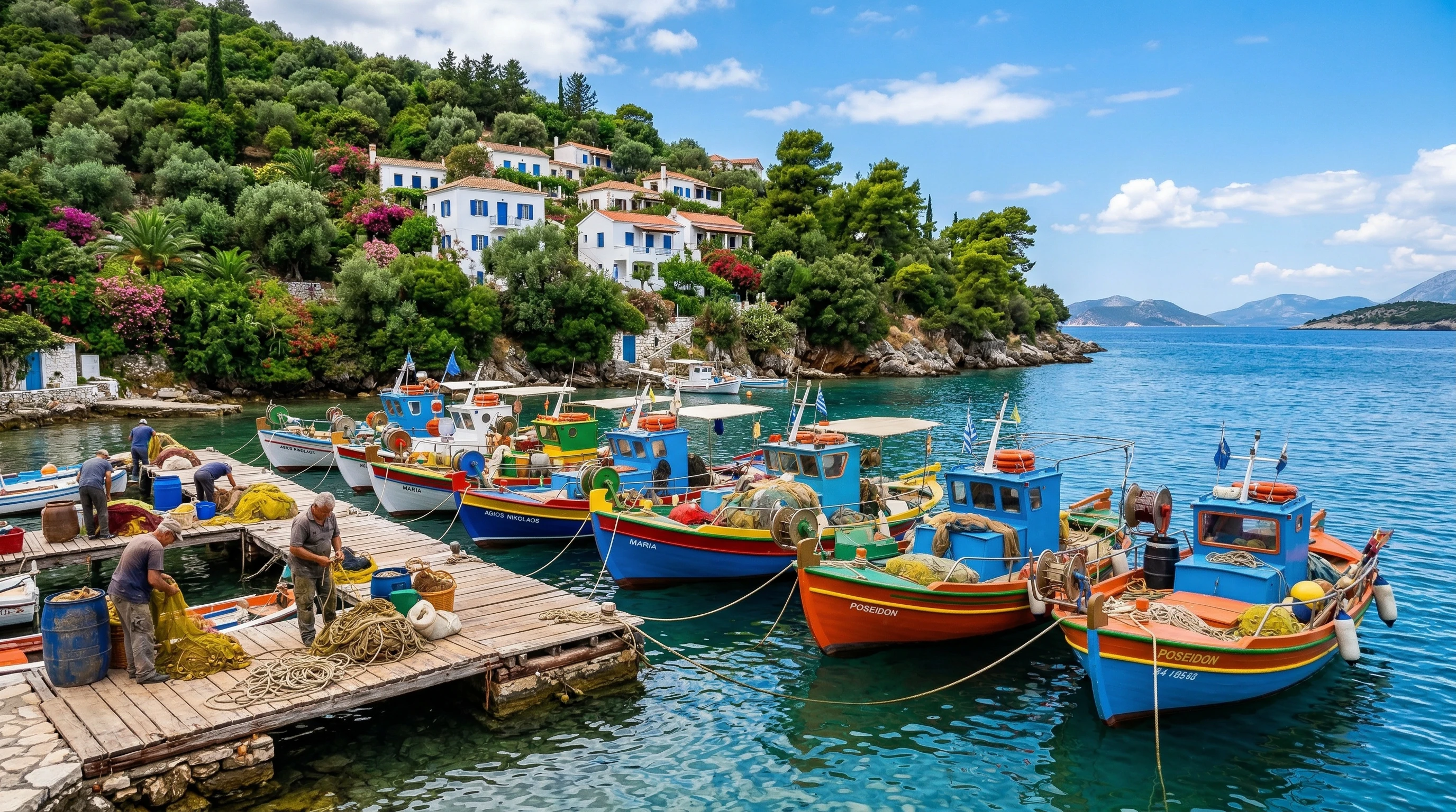 Colorful fishing boats moored at an island dock