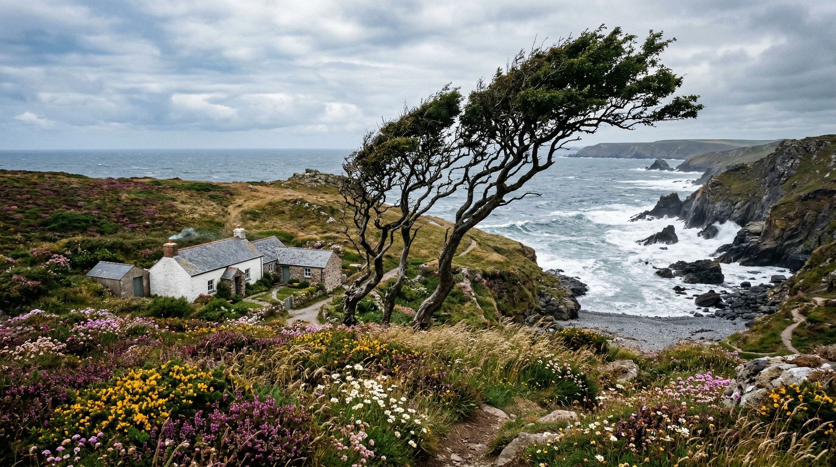 Wind-bent trees and small cottages on a rocky shore