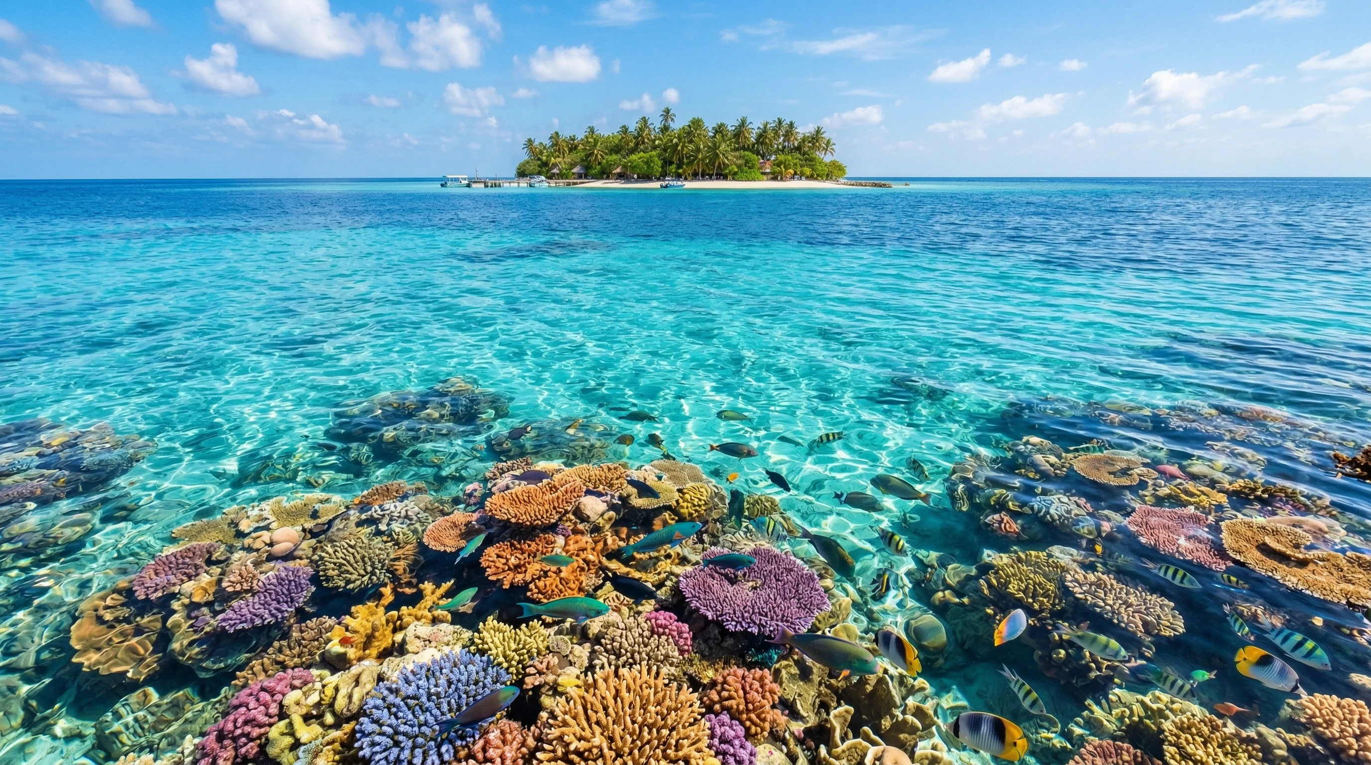 Clear turquoise water with a coral reef and distant island