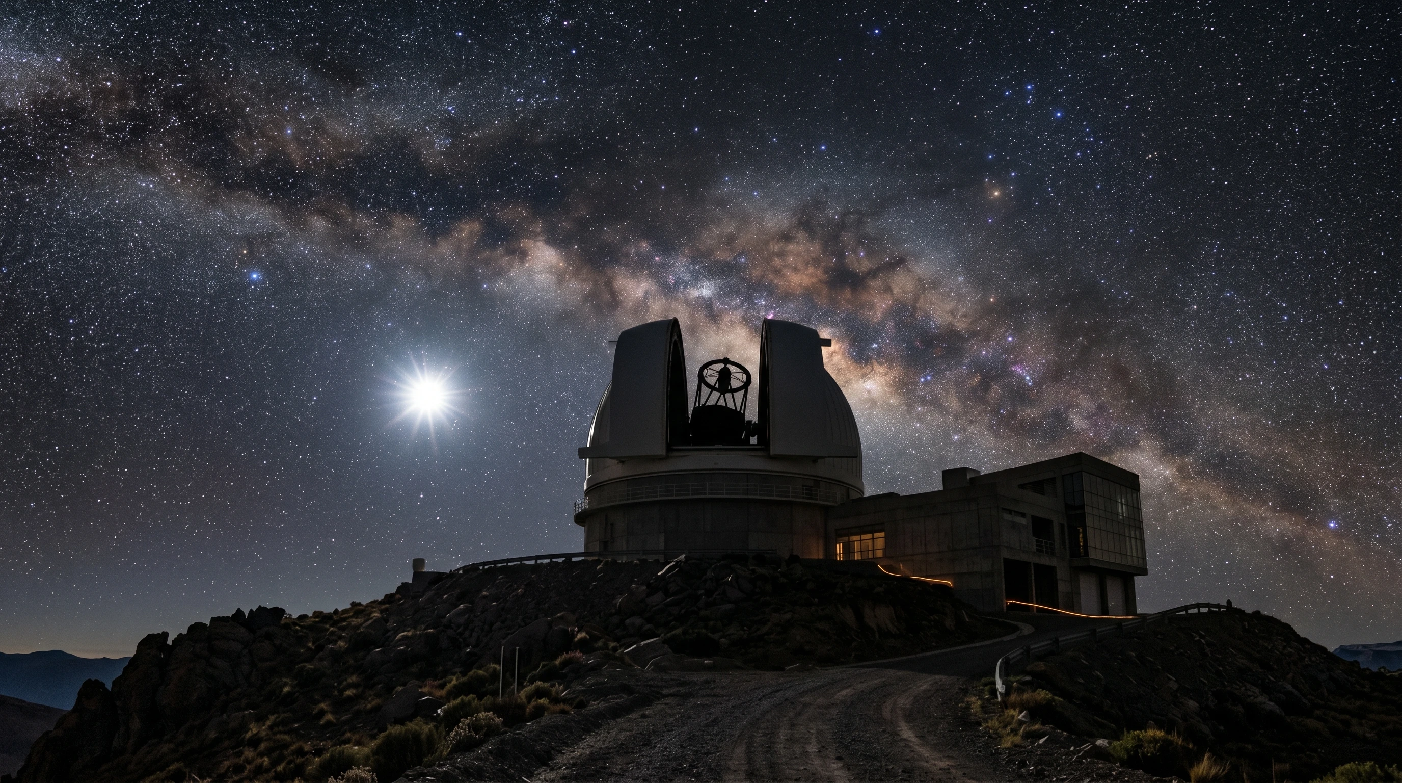 Modern telescope pointed at night sky