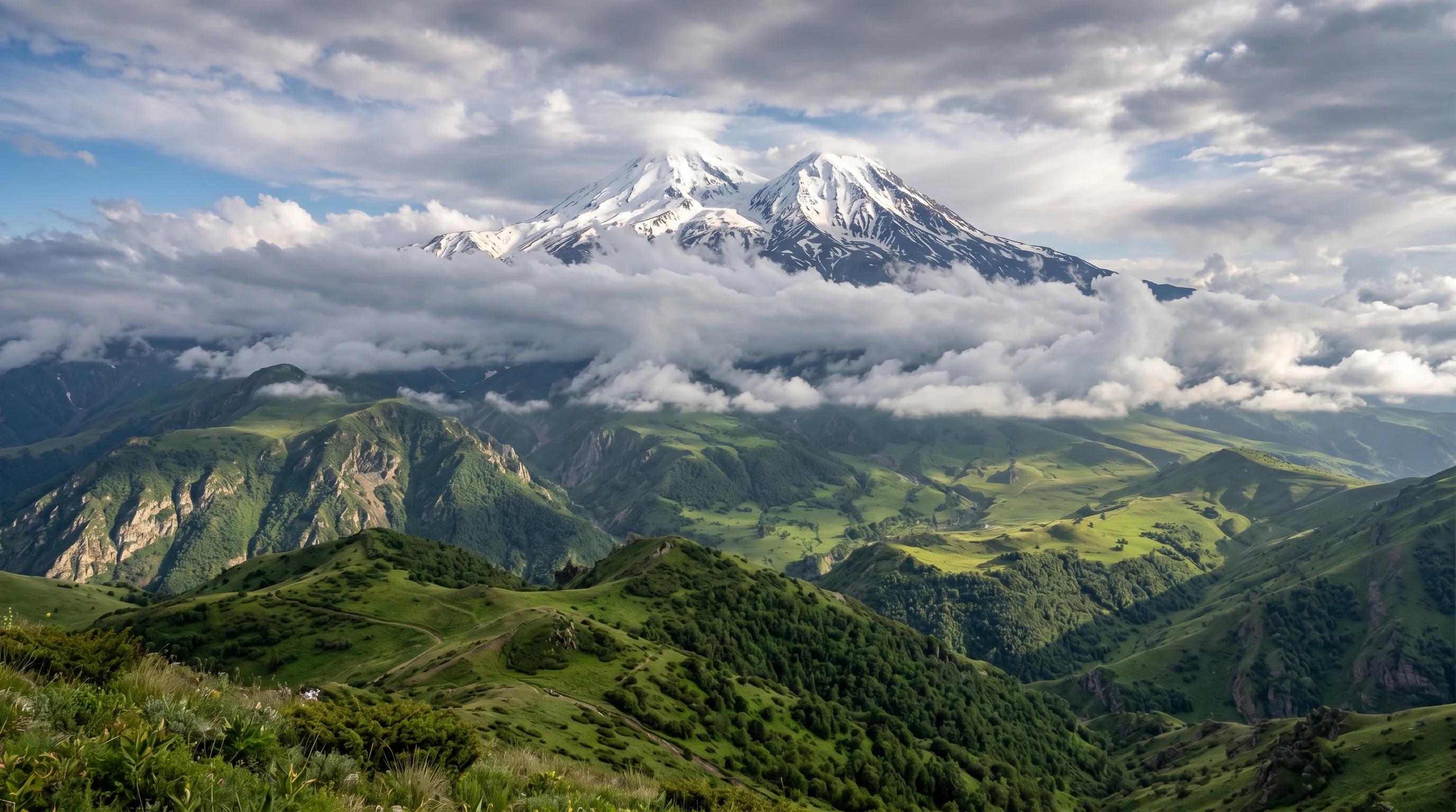 Mount Ararat with snowy peaks and fog