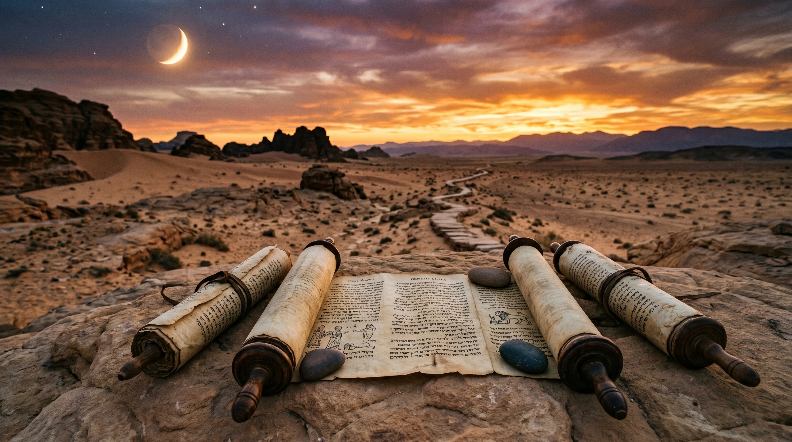 Ancient scrolls and desert landscape