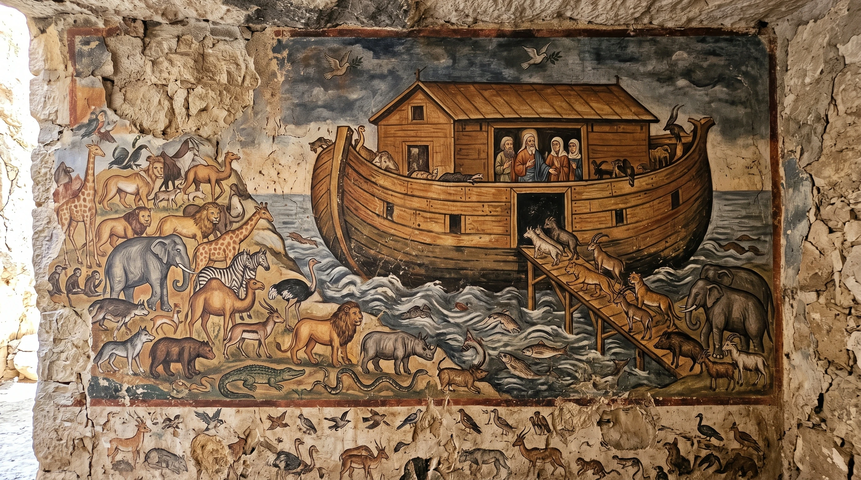 Old religious murals showing Noah's Ark and animals