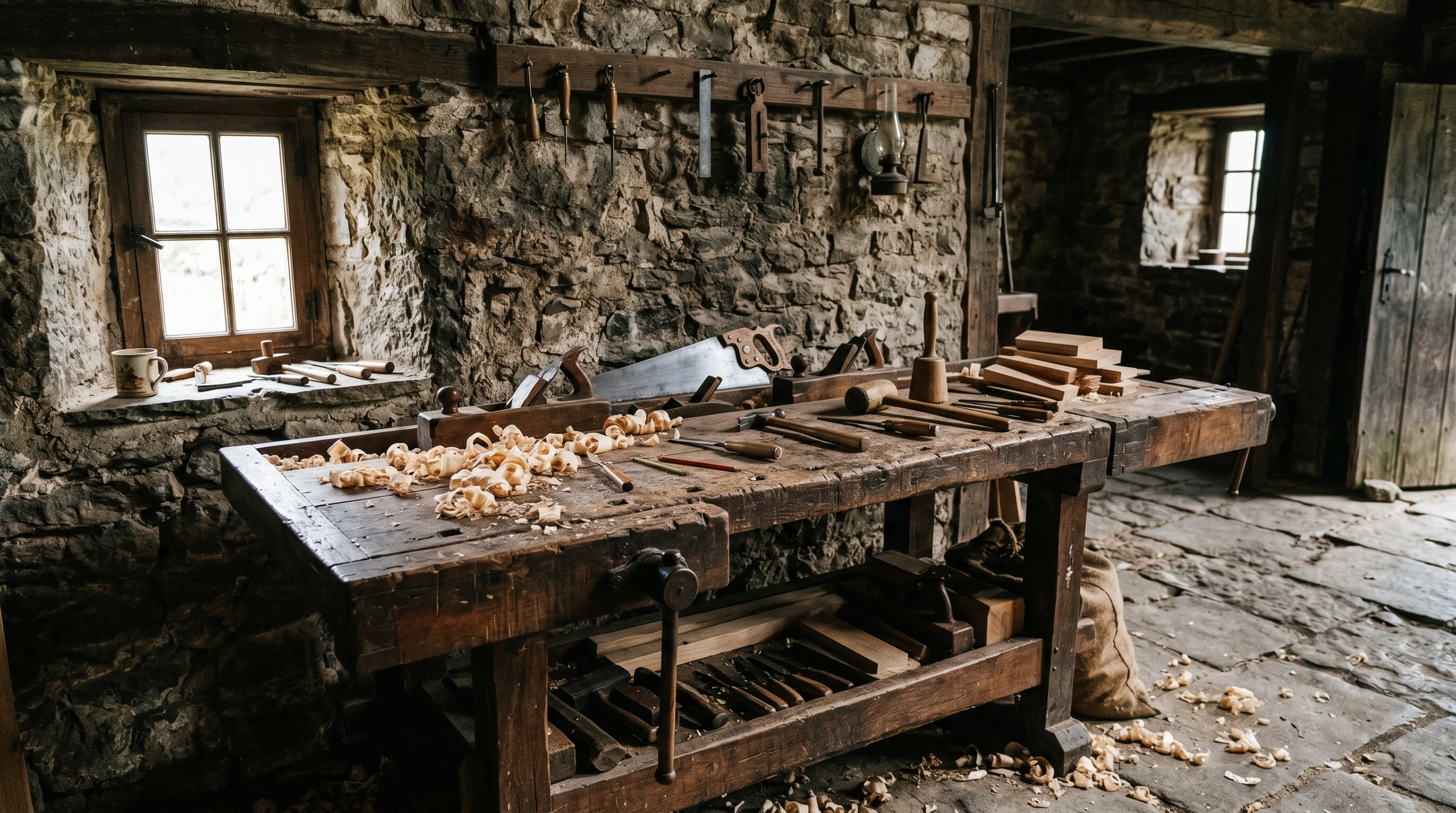 Simple workbench in ancient stone home