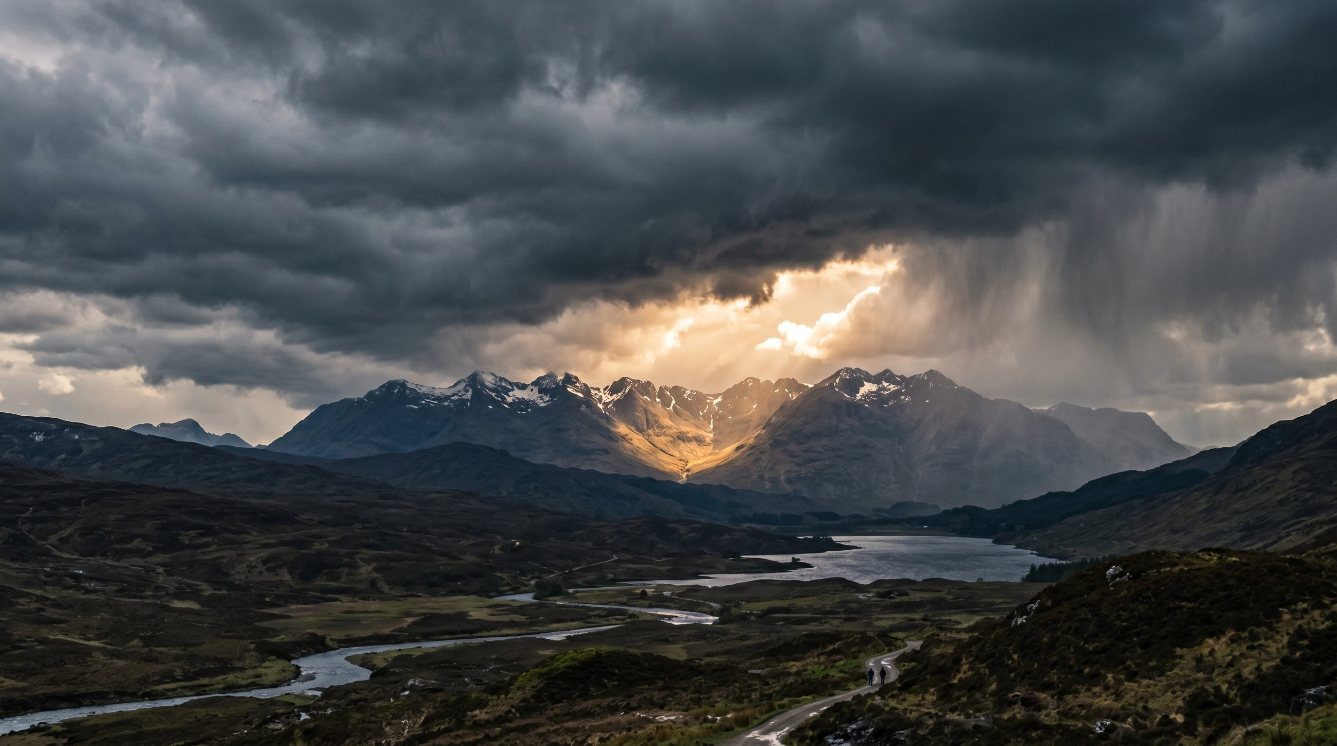 Stormy sky with distant rays of light over mountains