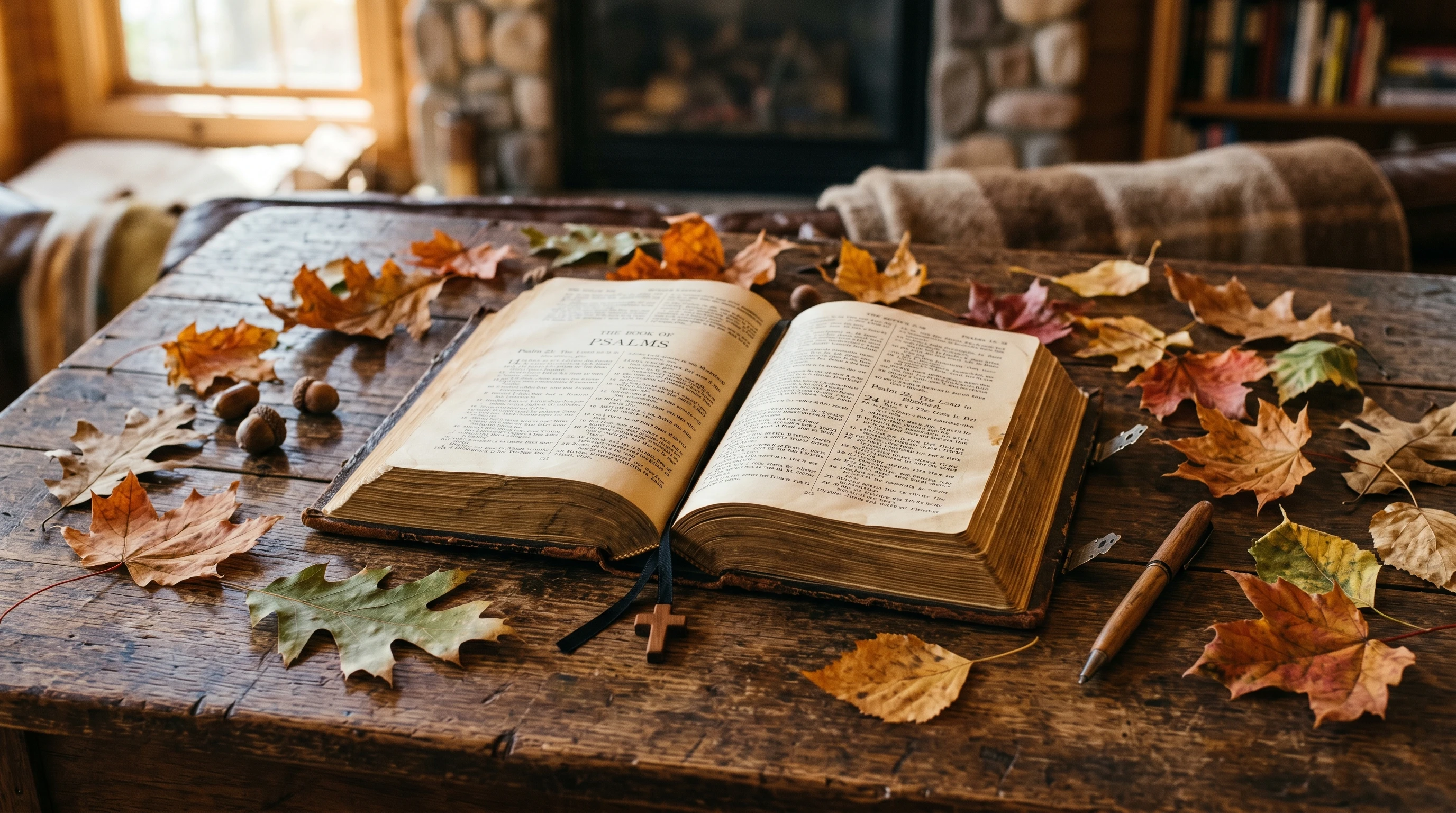 Open Bible with falling leaves