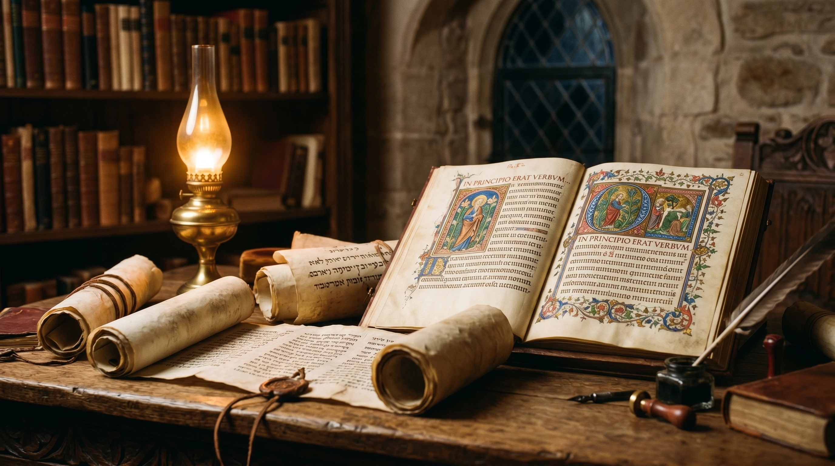 Ancient scrolls with light shining on them